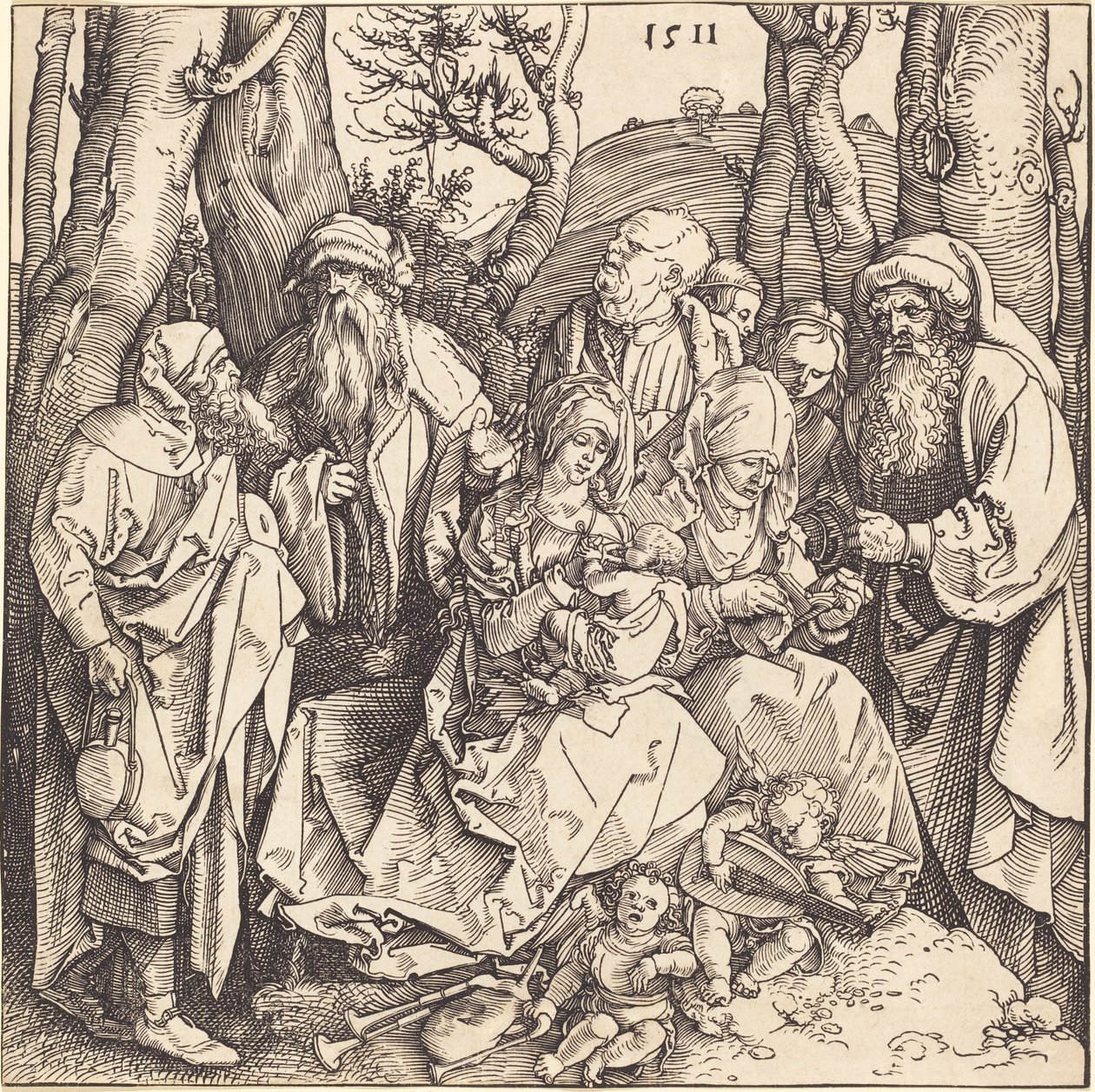 Pyhä perhe ja kaksi musiikkia tekevää enkeliä tekijältä Albrecht Dürer