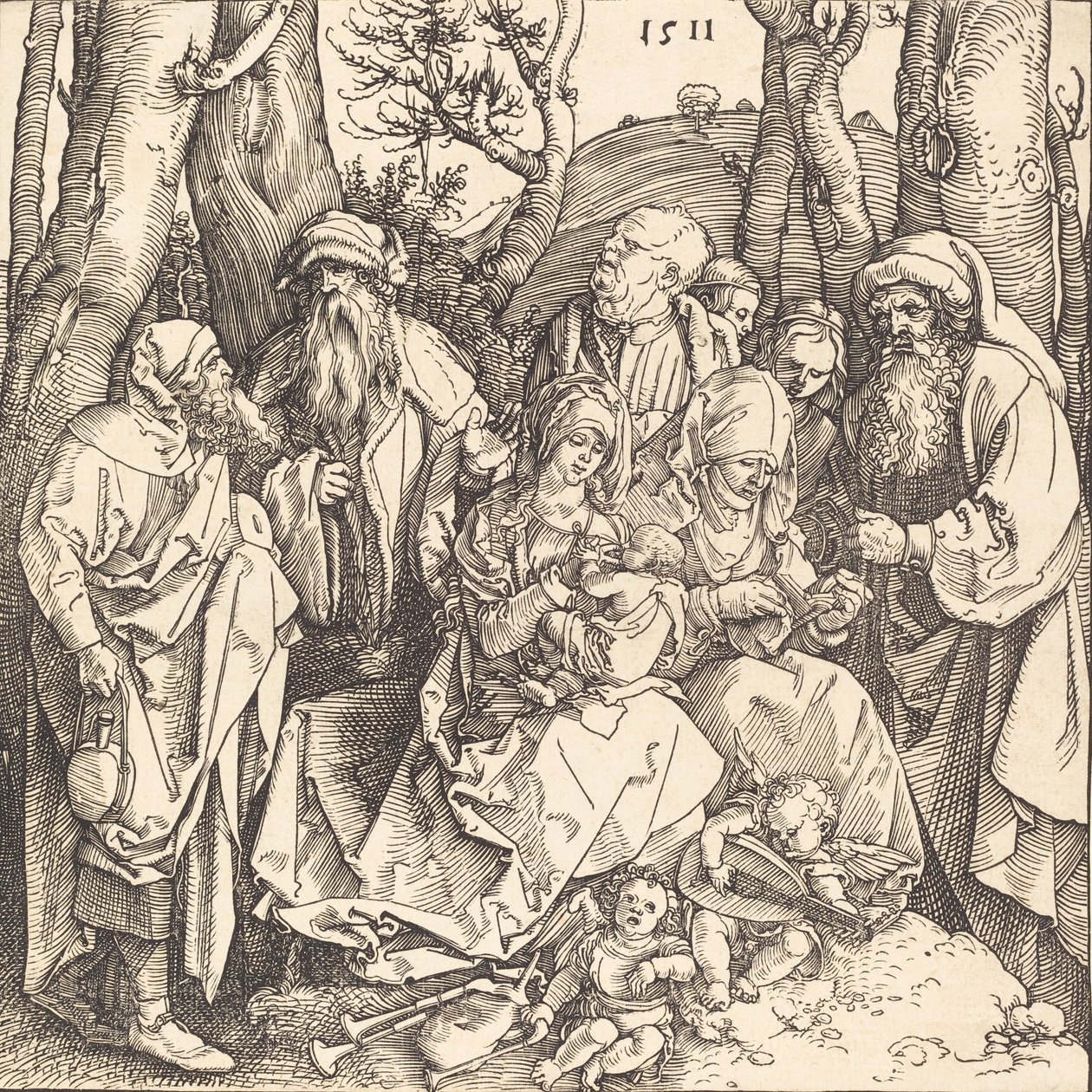 Pyhä perhe ja kaksi musiikkia tekevää enkeliä, 1511. tekijältä Albrecht Dürer