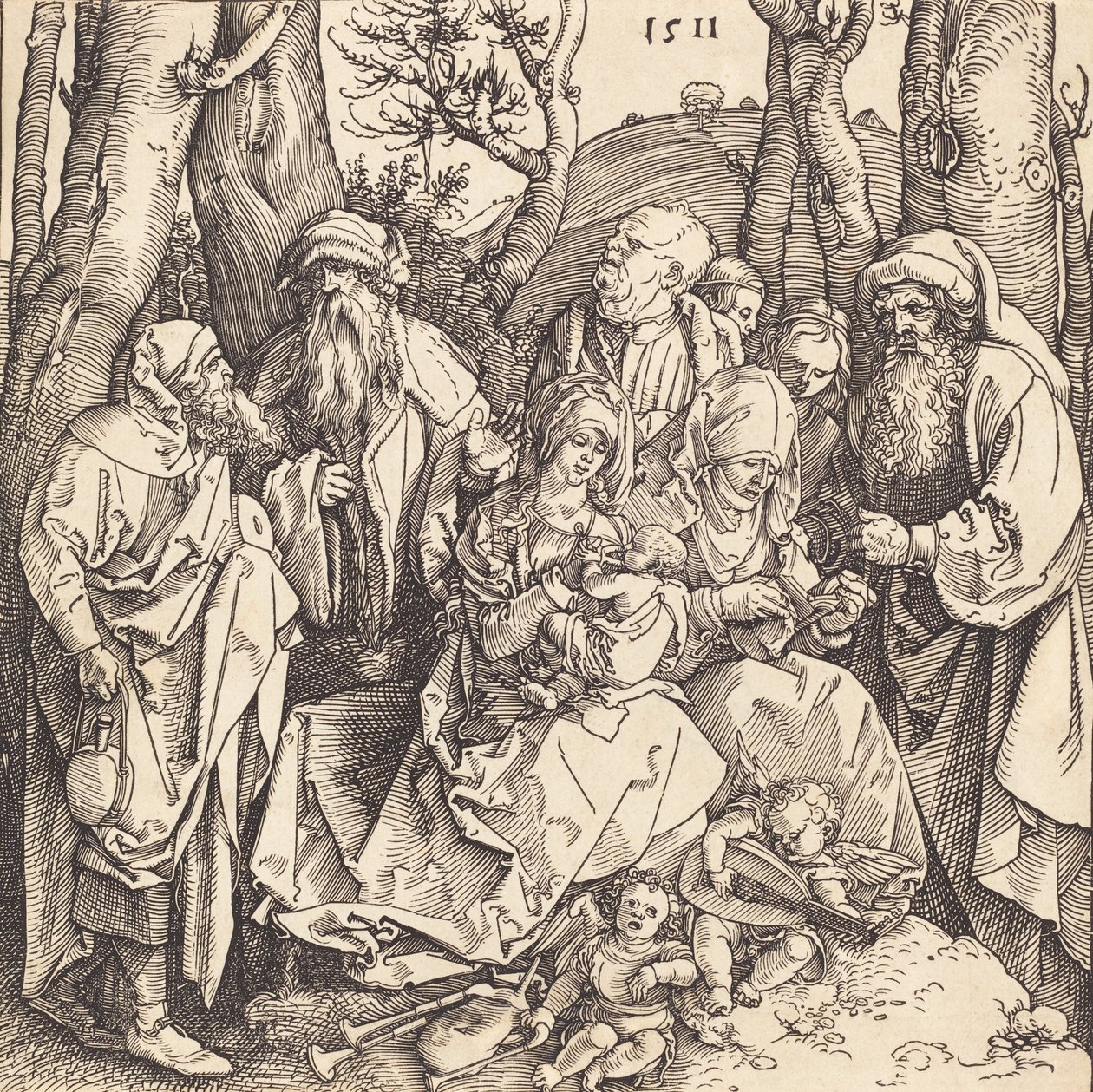 Pyhä perhe ja kaksi musiikkia tekevää enkeliä, 1511. tekijältä Albrecht Dürer