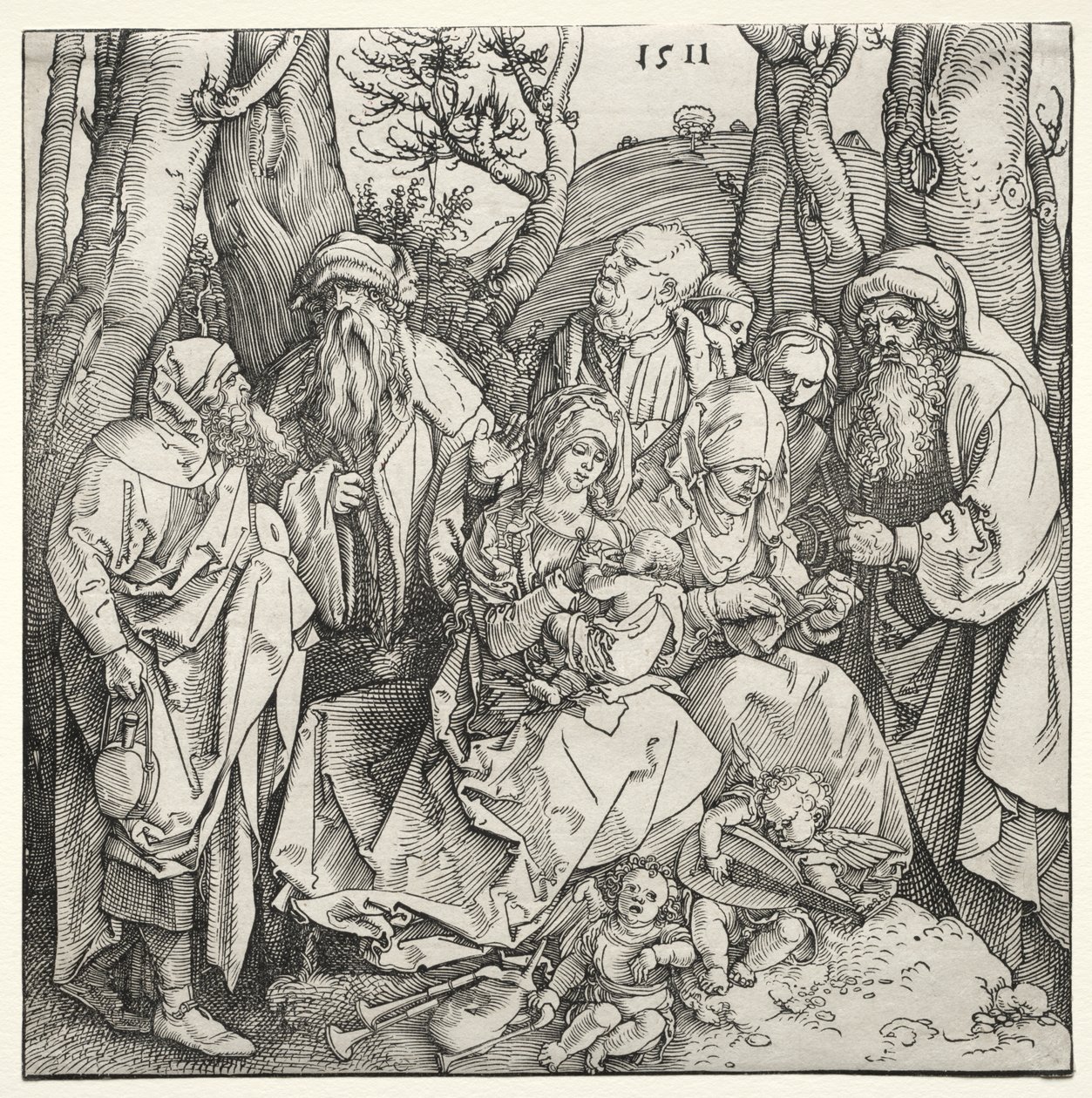 Pyhä perhe ja kaksi muusikkoenkeliä tekijältä Albrecht Dürer
