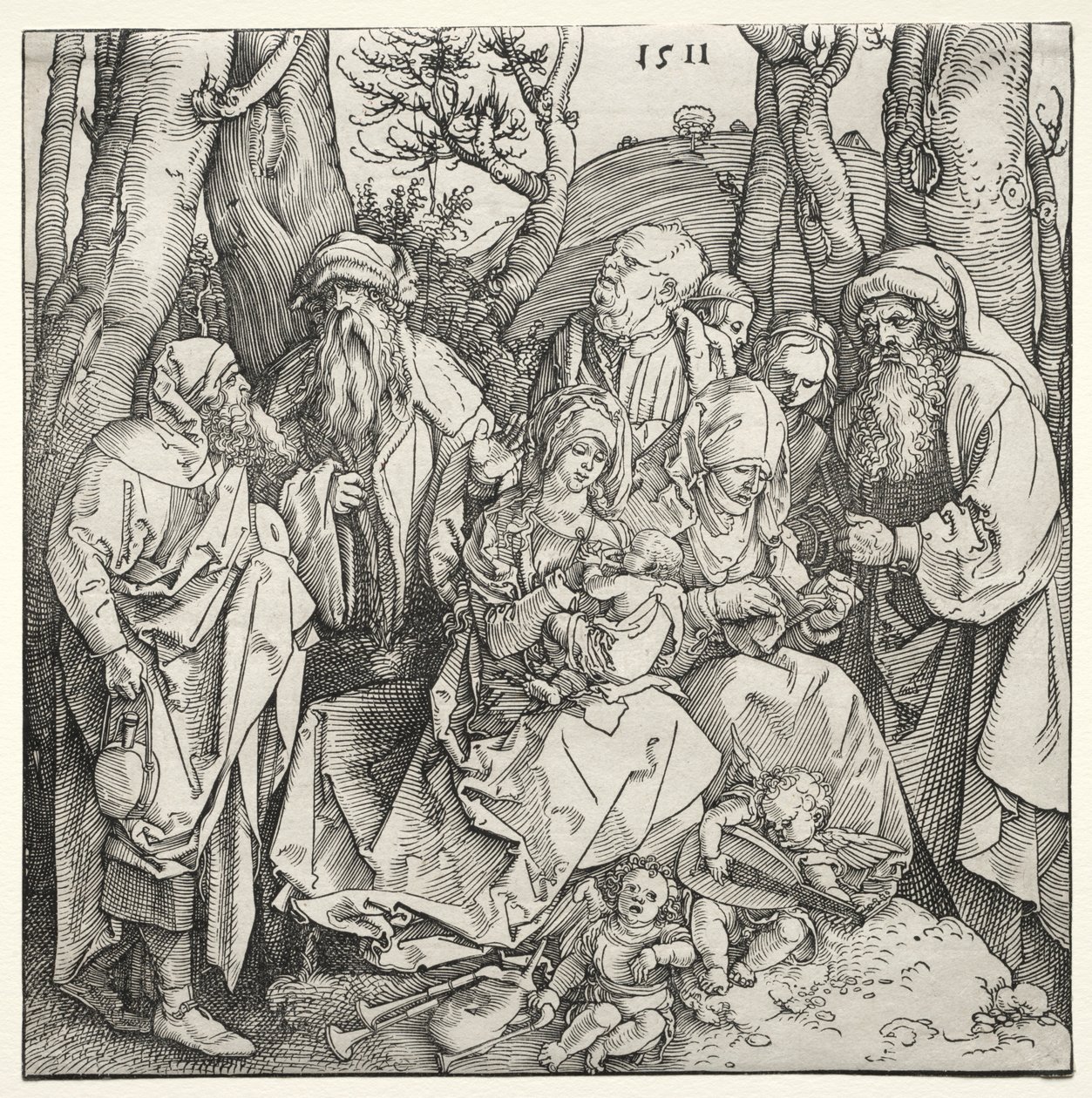 Pyhä perhe ja kaksi muusikkoenkeliä, 1511. tekijältä Albrecht Dürer