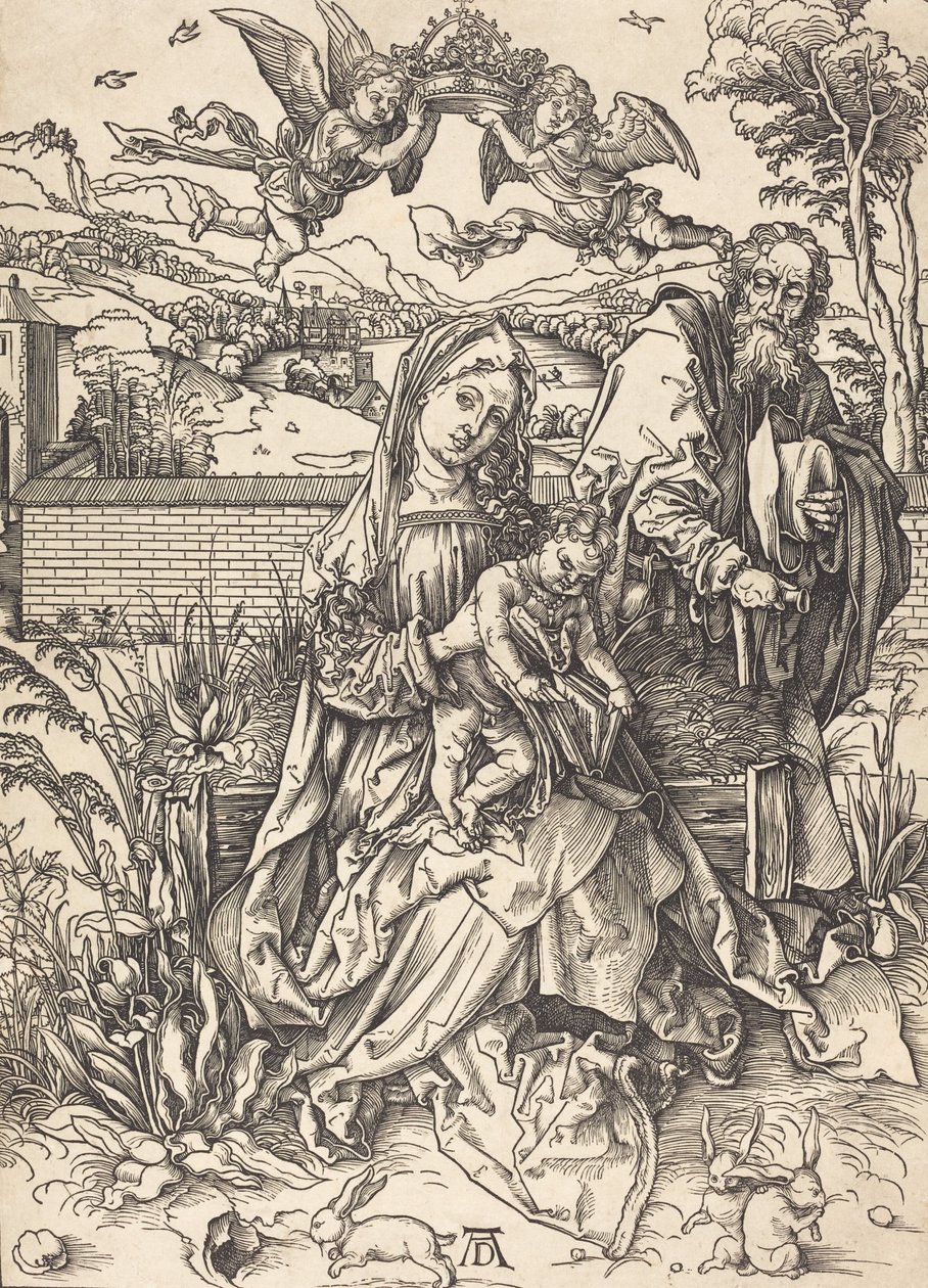 Pyhä perhe kolmen jäniksen kanssa, n. 14971498. tekijältä Albrecht Dürer