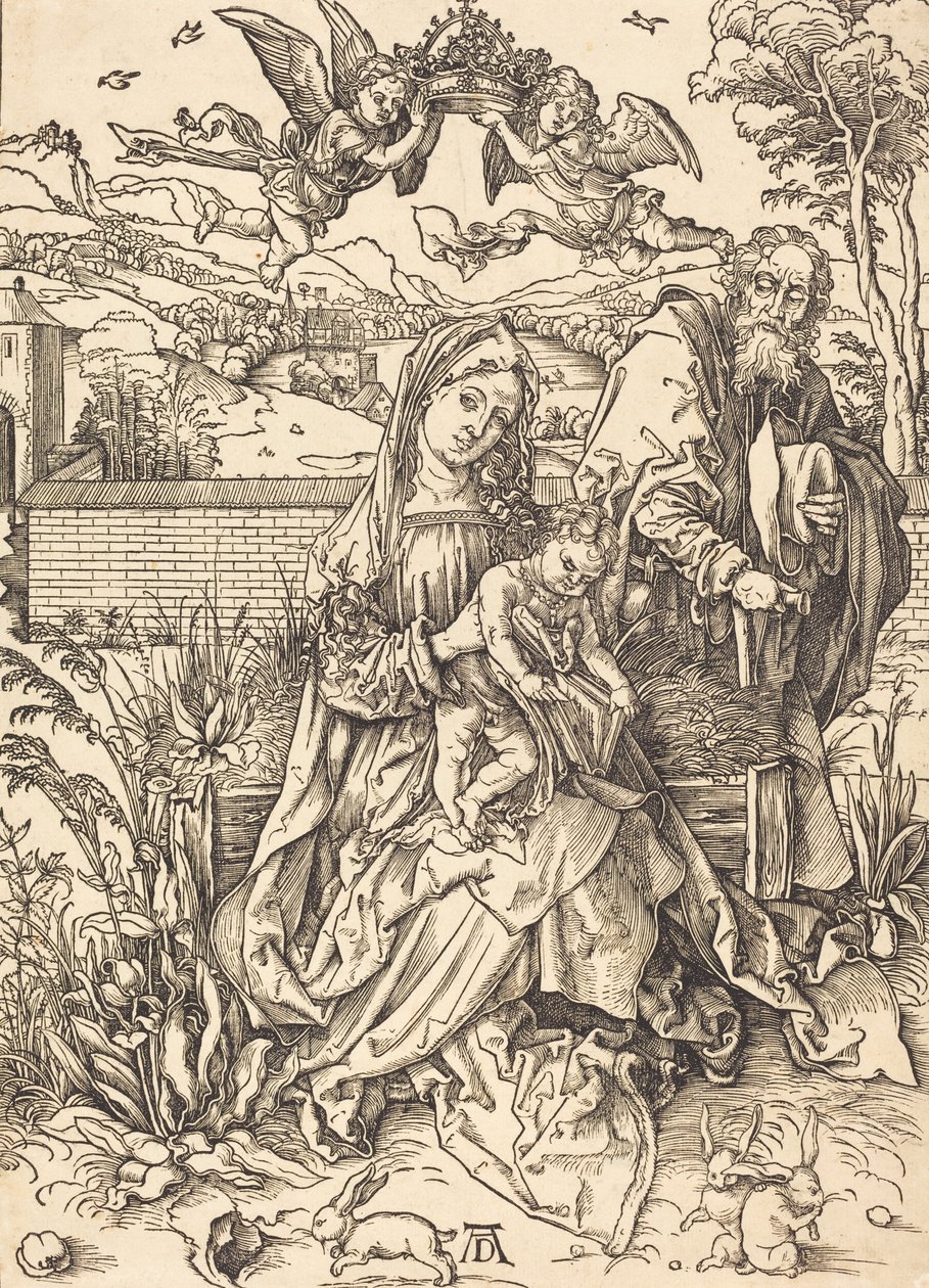 Pyhä perhe kolmen jäniksen kanssa, n. 14971498. tekijältä Albrecht Dürer