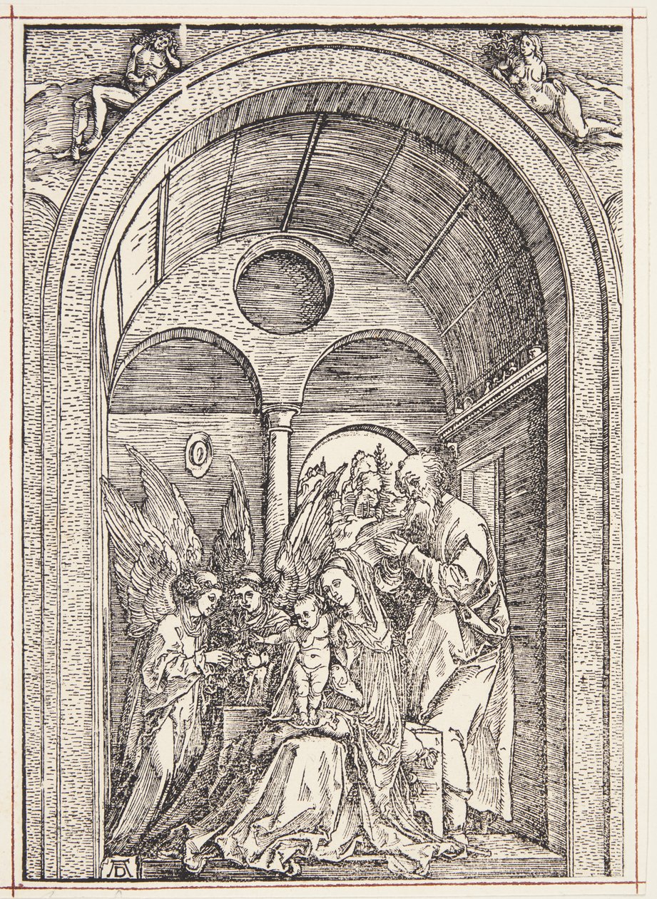 Pyhä perhe kahden enkelin kanssa holvihallissa tekijältä Albrecht Dürer