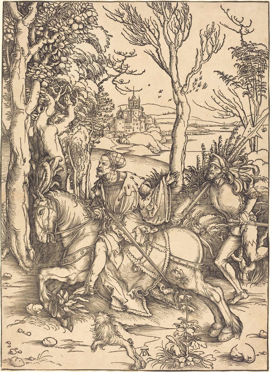 Ritari hevosen selässä ja Lansquenet tekijältä Albrecht Dürer
