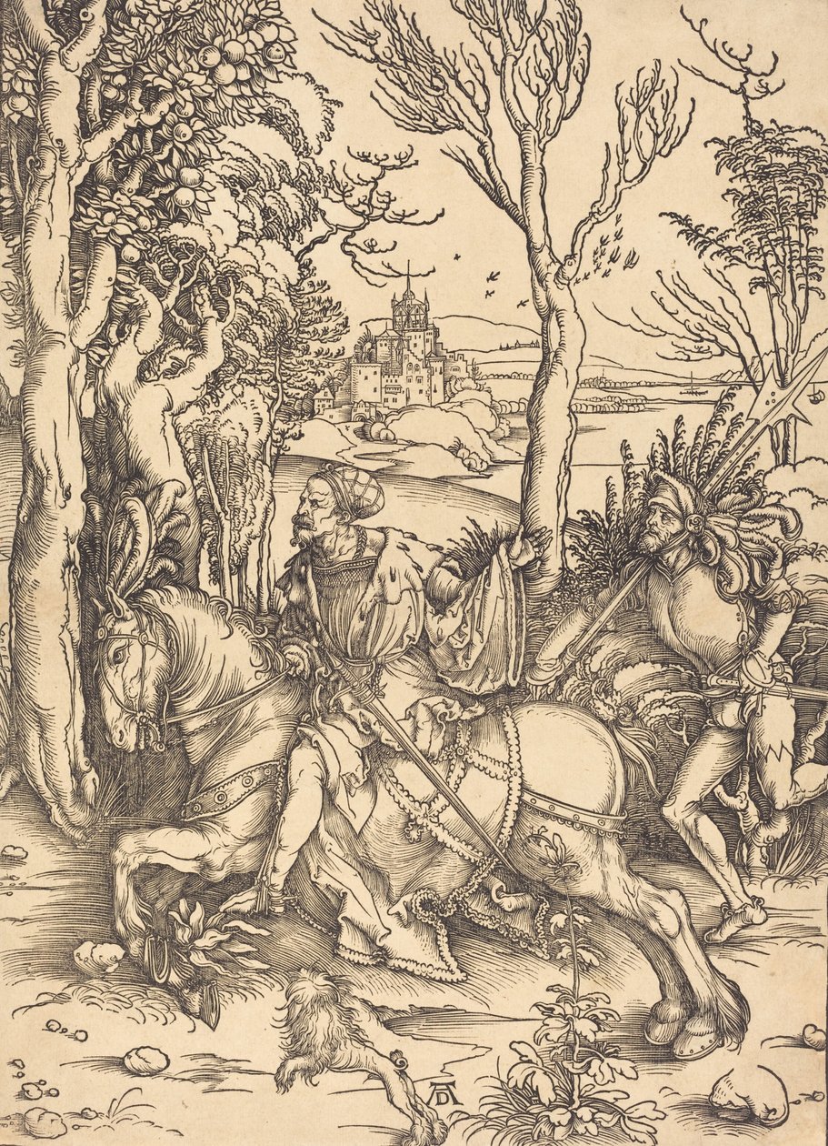 Ritari hevosen selässä ja Lansquenet, n. 14961497. tekijältä Albrecht Dürer