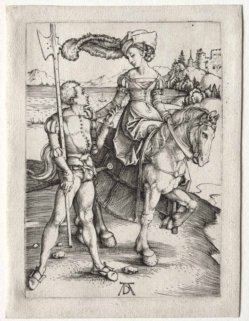 Lady Riding ja Landsknecht tekijältä Albrecht Dürer