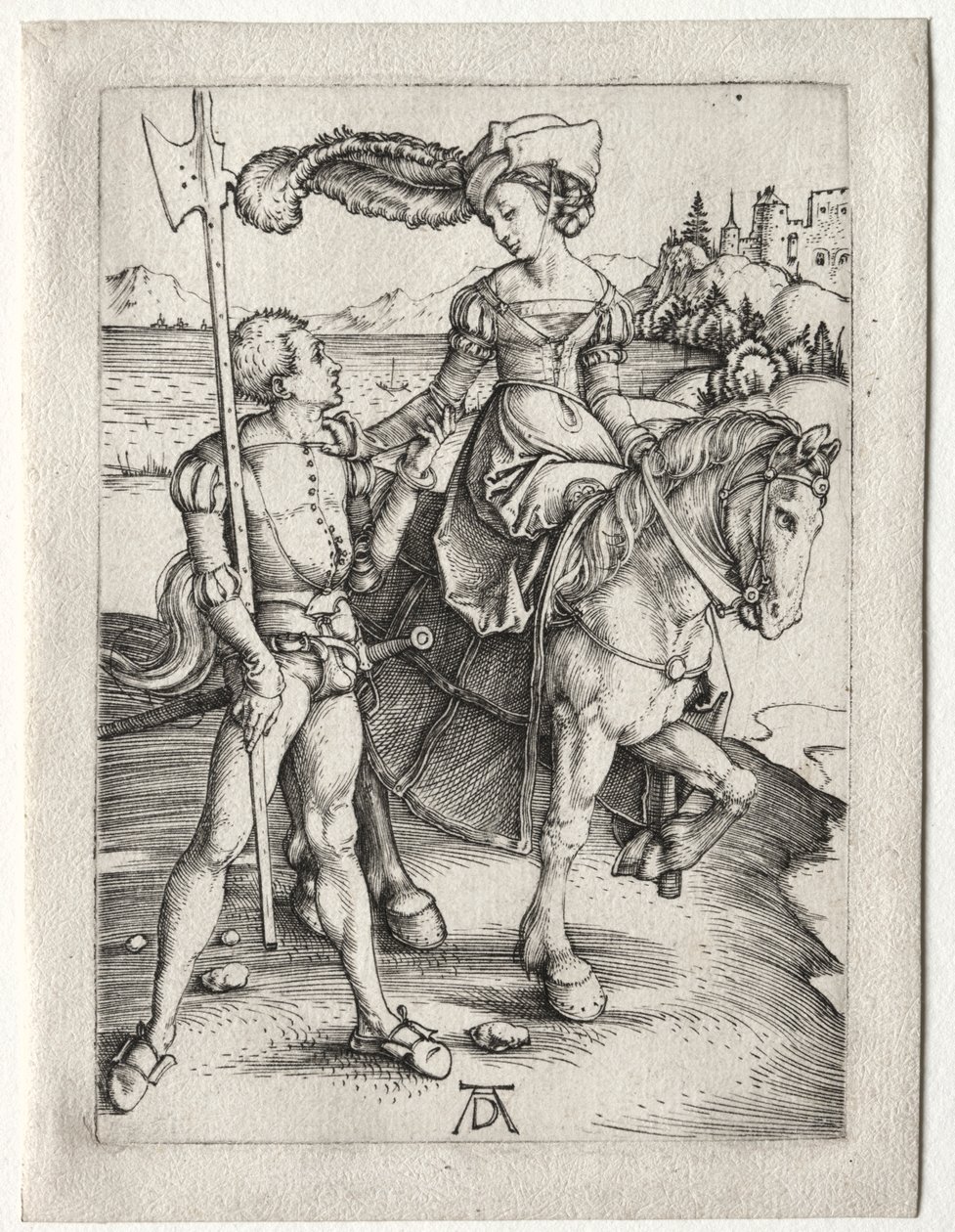 Lady Riding ja Landsknecht, n. 1497. tekijältä Albrecht Dürer