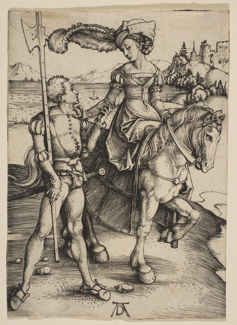 Nainen ratsain ja palkkasoturi tekijältä Albrecht Dürer