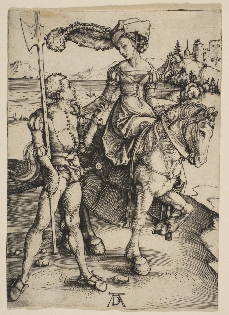Lady on Horseback ja Lansquenet, n. 1497. tekijältä Albrecht Dürer