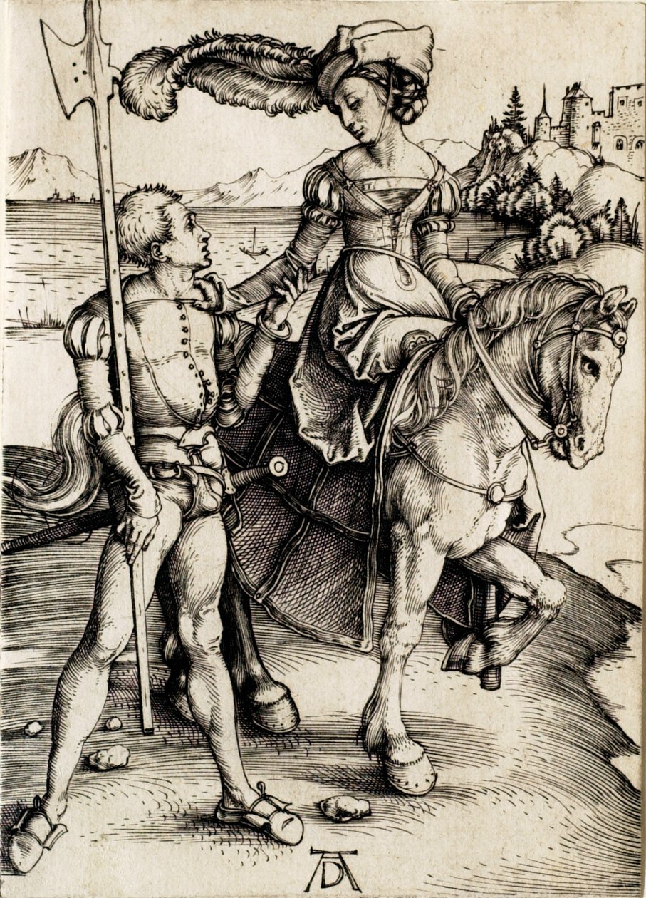 Ratsastava nainen ja hilparimies tekijältä Albrecht Dürer