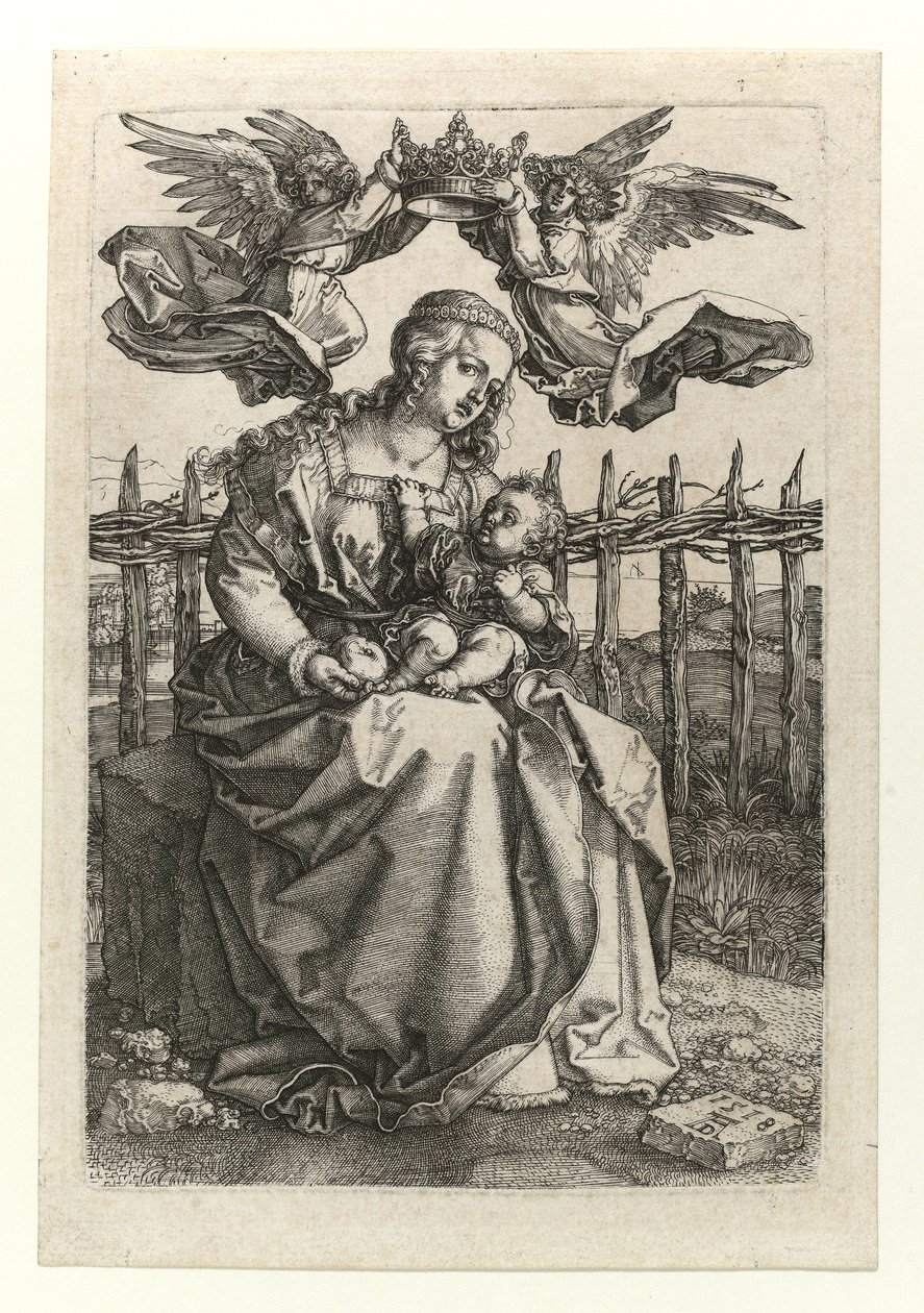 Kahden enkelin kruunaama Madonna ja lapsi, 1518 tekijältä Albrecht Dürer
