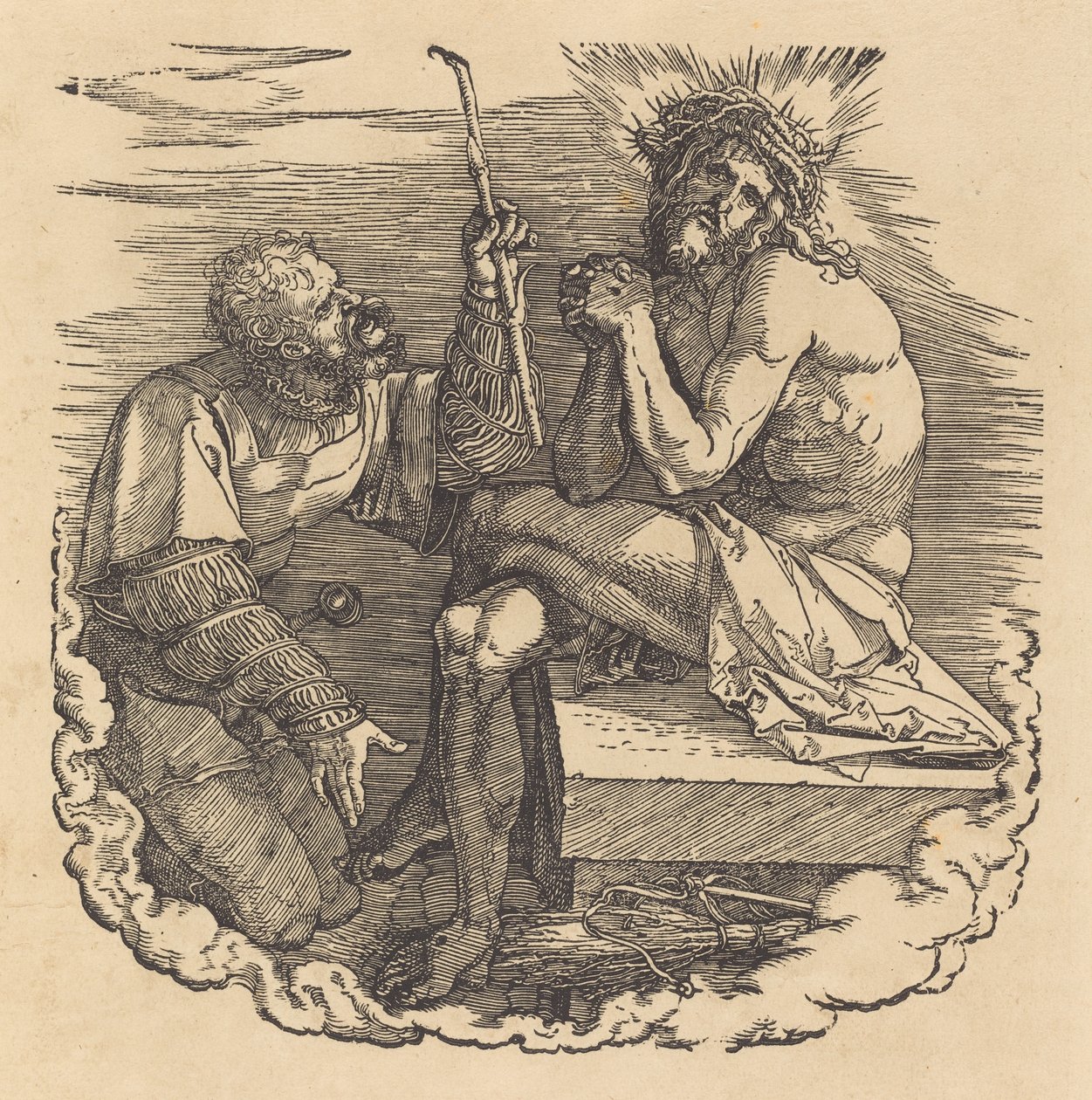 Sotilaan pilkkama surujen mies, luultavasti 1511. tekijältä Albrecht Dürer