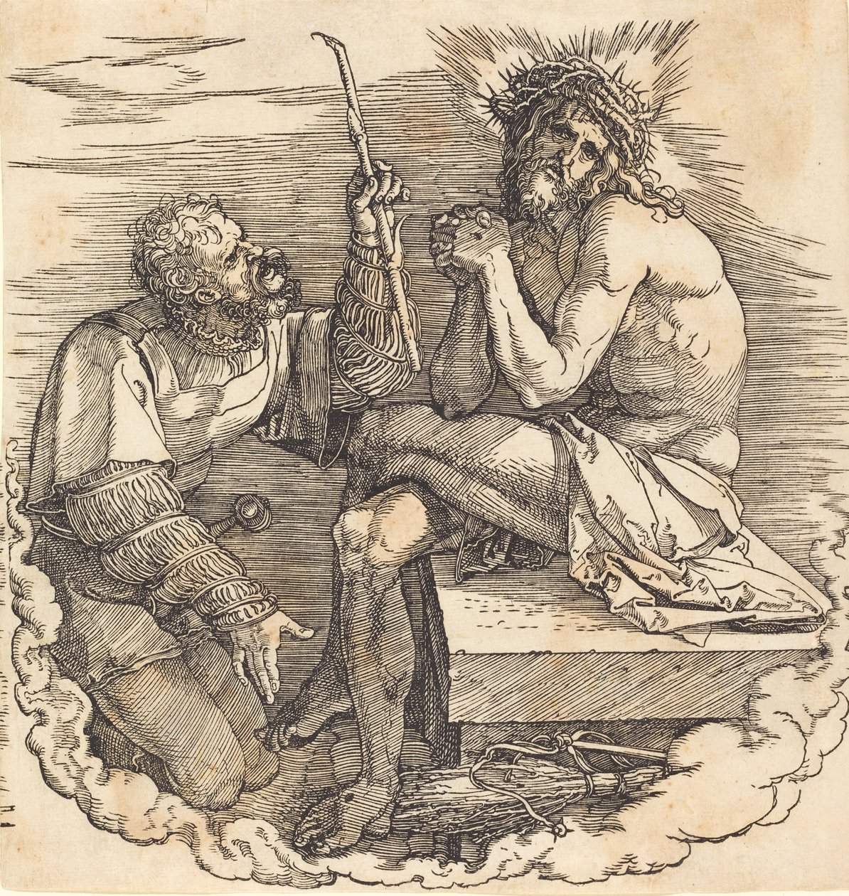 Sotilaan pilkkama surujen mies, luultavasti 1511. tekijältä Albrecht Dürer