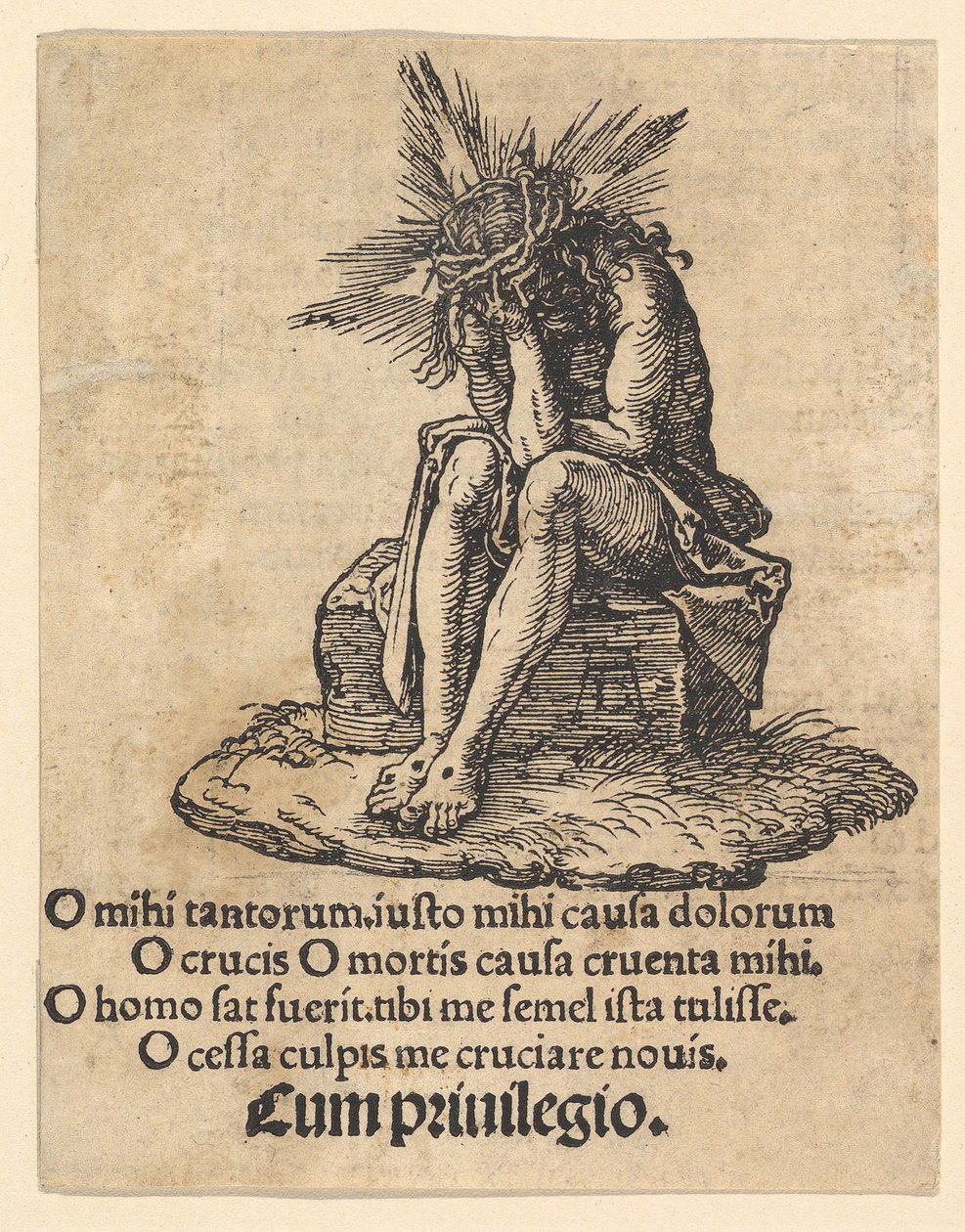 Surujen mies istuu, Pienen intohimon otsikkosivu, n. 1511. tekijältä Albrecht Dürer