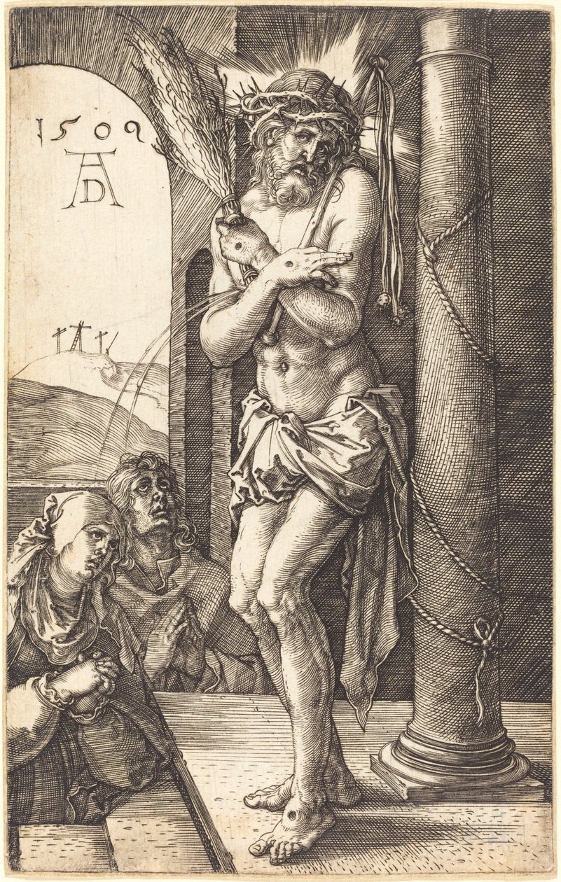 Surujen mies seisoo pylvään vieressä tekijältä Albrecht Dürer