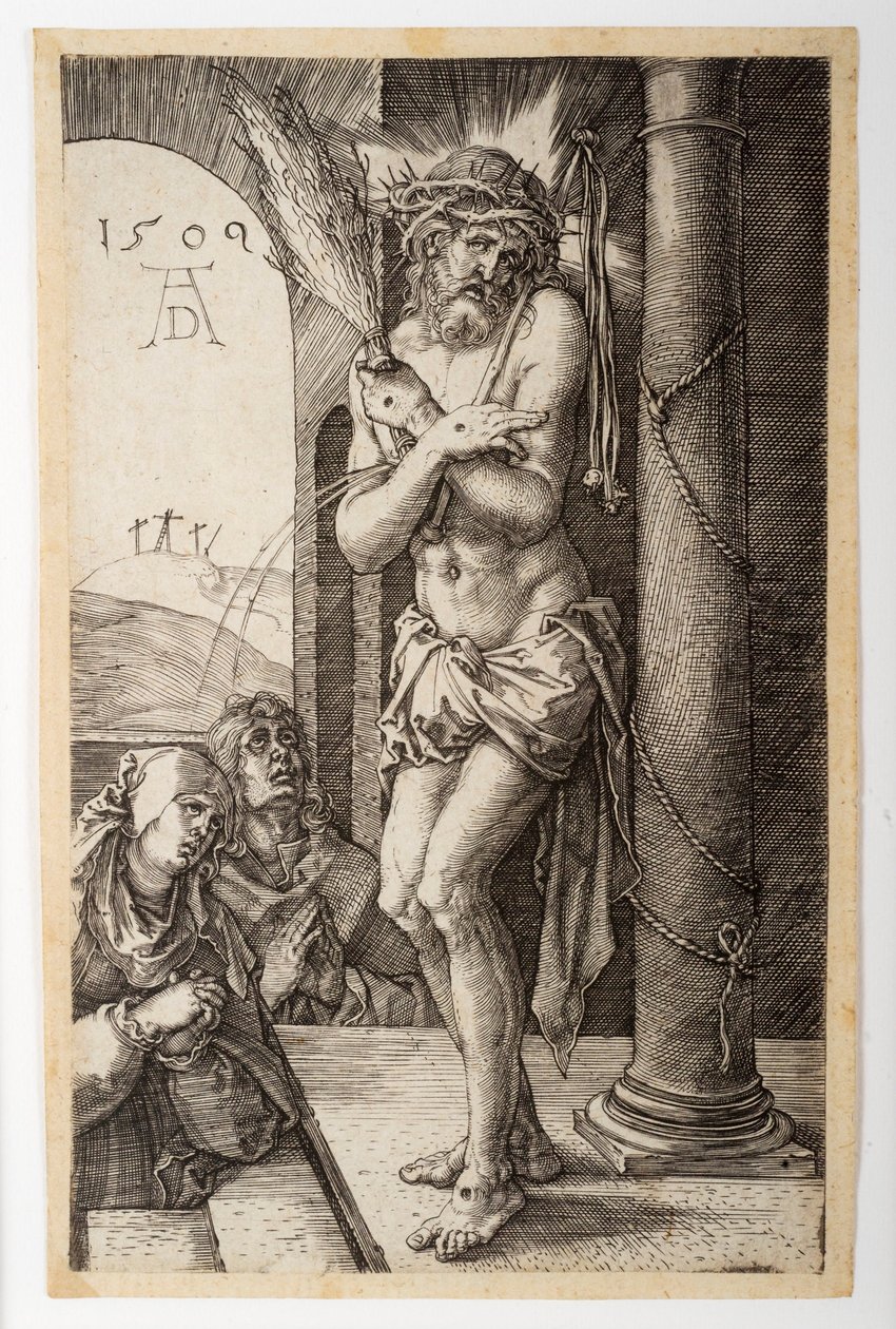Surun mies sarakkeen vieressä Neitsyen ja Pyhän Johanneksen kanssa, kaiverretusta intohimosta tekijältä Albrecht Dürer