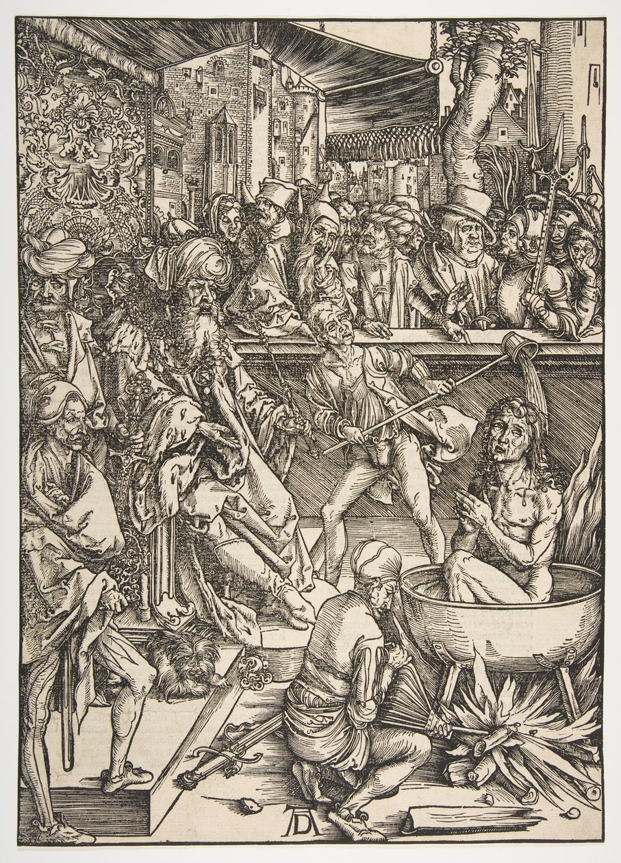 Pyhän Johanneksen marttyyrikuolema, The Apocalypse, latinalainen painos 1511, n. 1496. tekijältä Albrecht Dürer