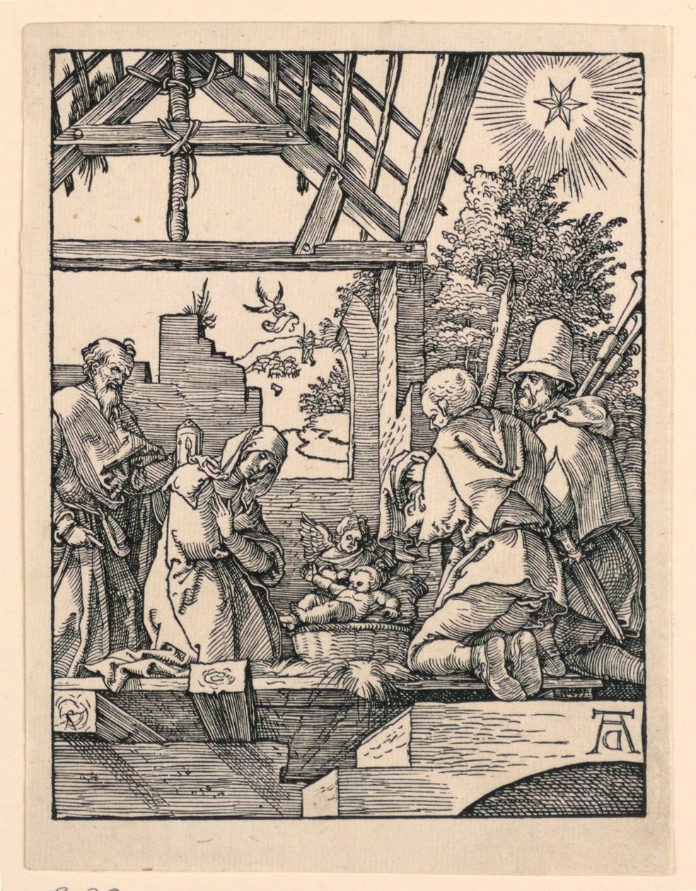 Syntymä (paimenten palvonta) Pikku Passion -sarjasta tekijältä Albrecht Dürer