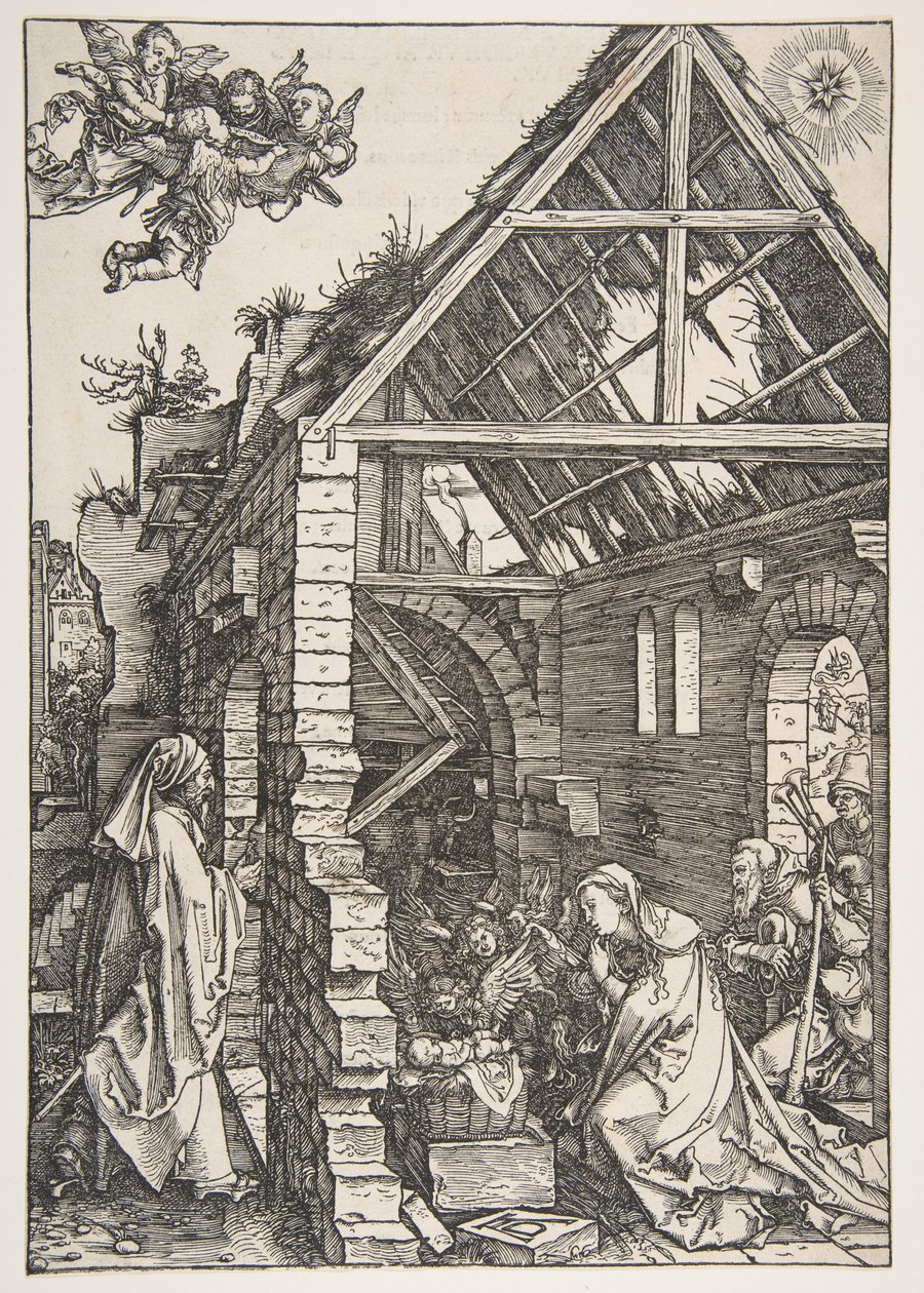 Kristuksen syntymä, sarjasta Neitsyt Marian elämä, latinankielinen painos, 1511 tekijältä Albrecht Dürer