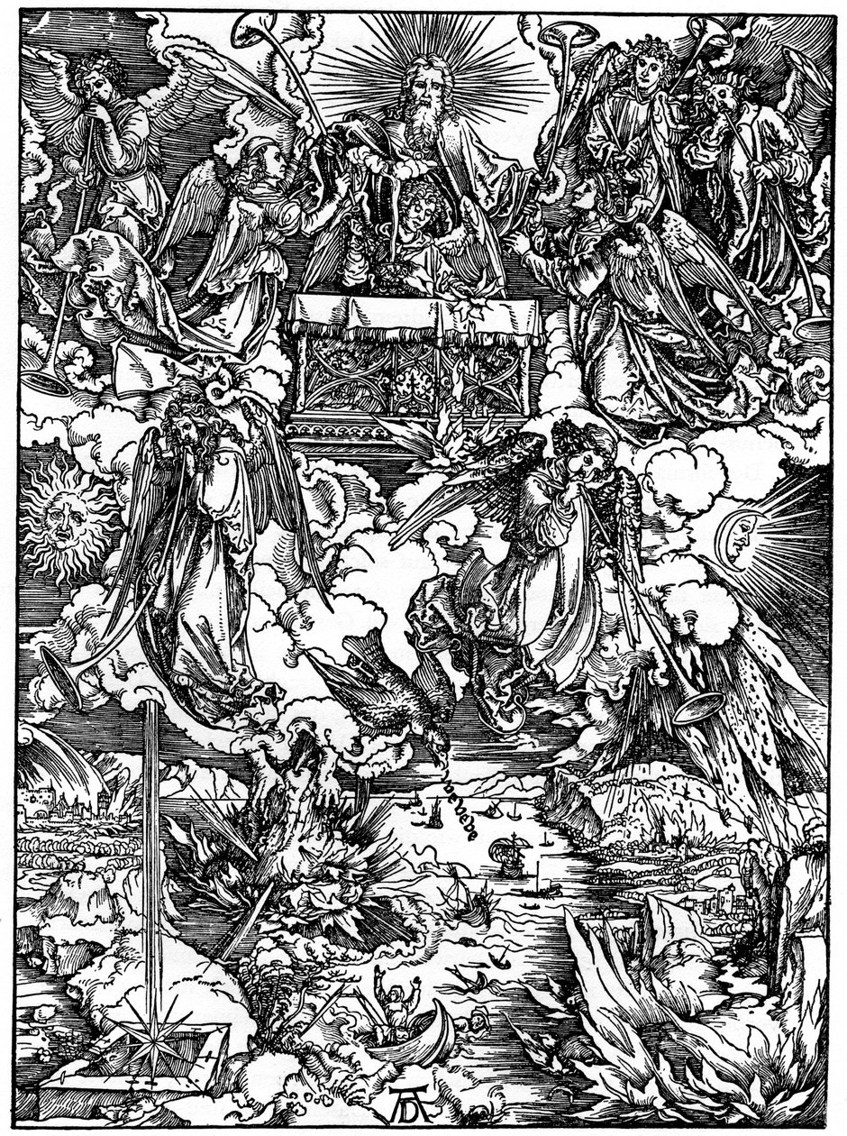 Seitsemännen sinetin avaaminen, Seitsemän enkeliä trumpetteilla, 1498, 1936 tekijältä Albrecht Dürer