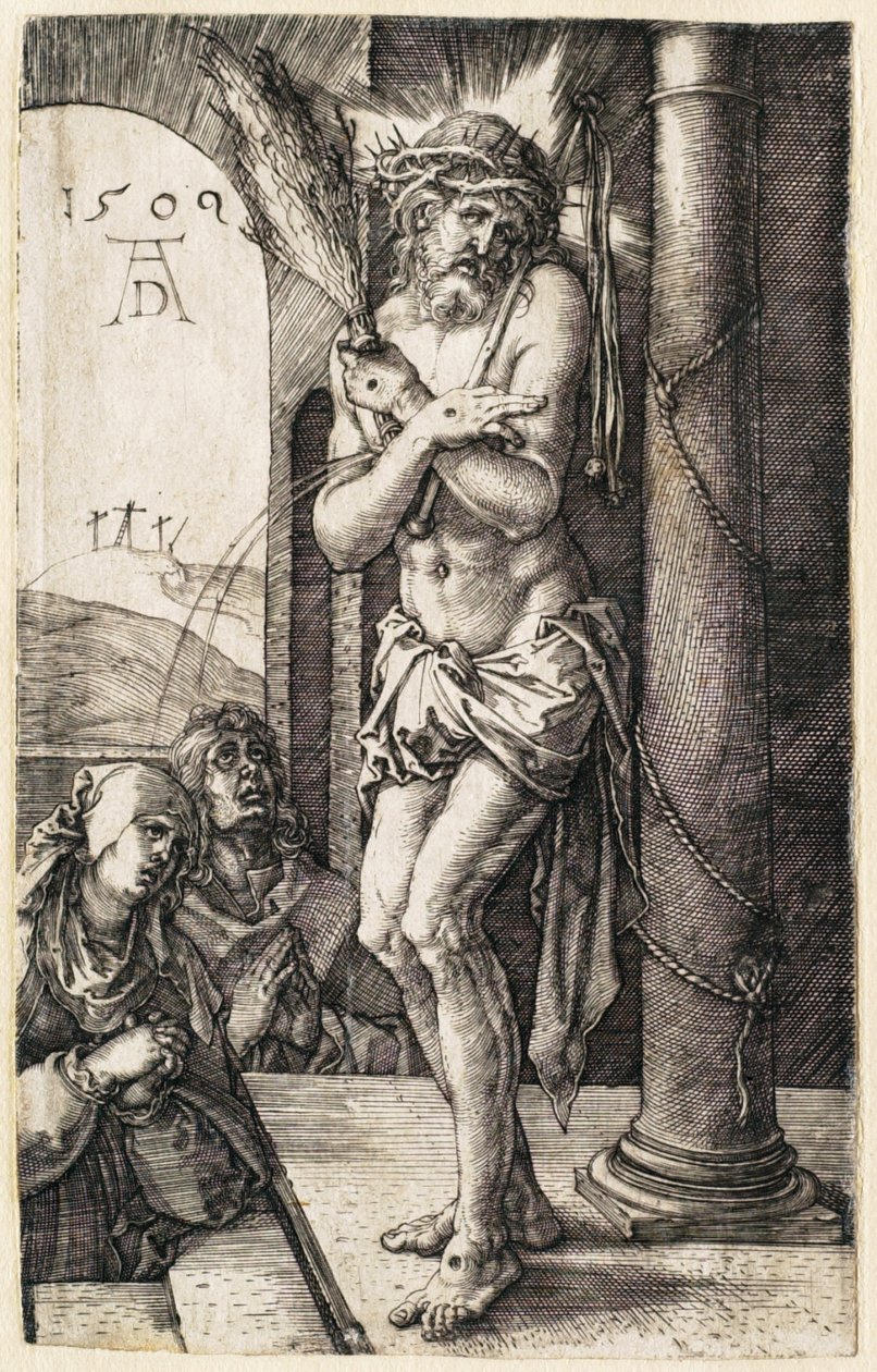 Kärsimyshistoria: Surujen mies seisomassa pylvään vieressä tekijältä Albrecht Dürer