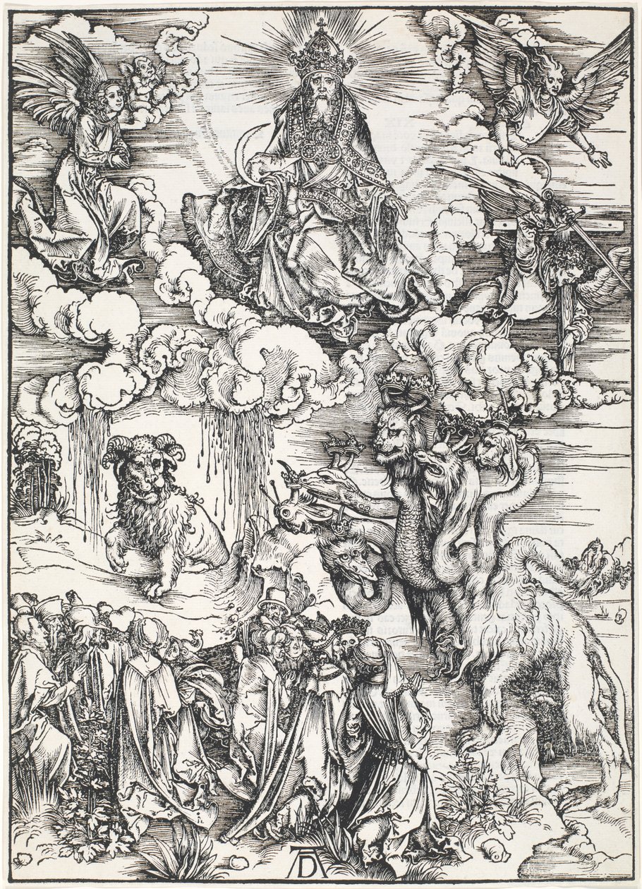 Seitsemänpäinen peto ja peto karitsansarvilla, Pyhän Johanneksen apokalypsista, 1496-1498 tekijältä Albrecht Dürer