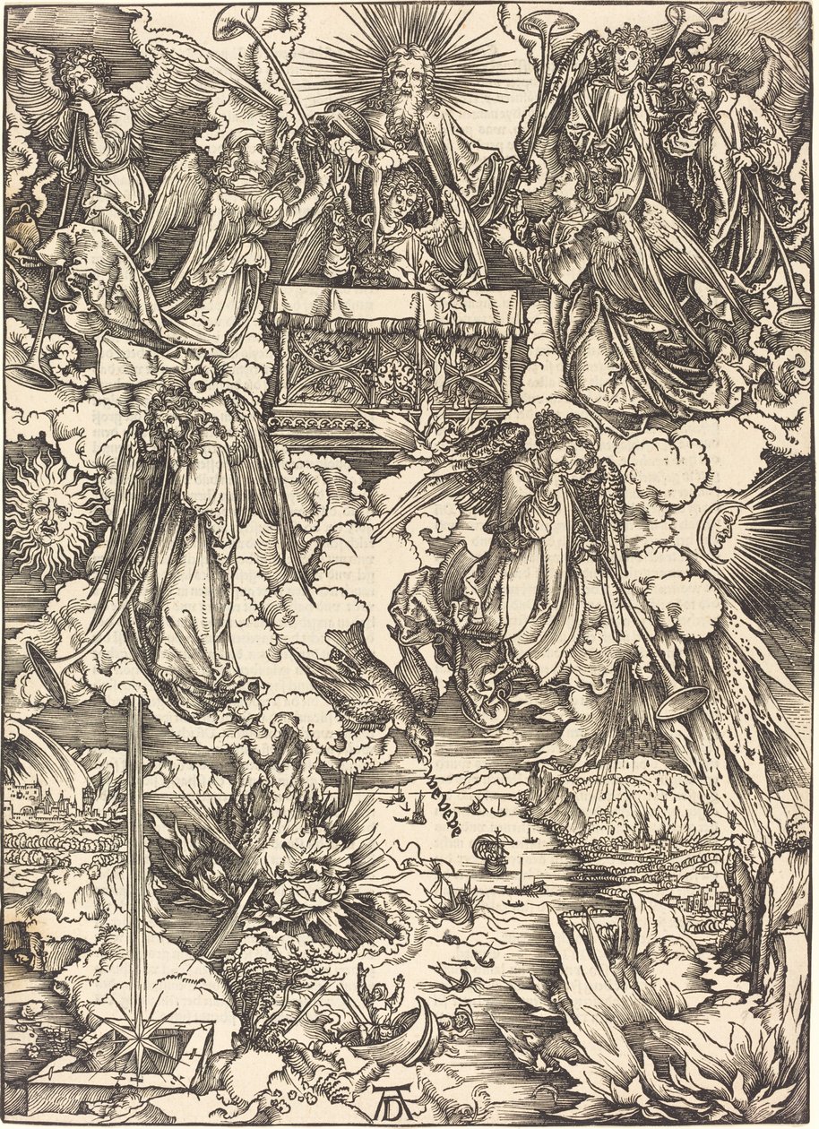 Seitsemän enkeliä trumpettien kanssa tekijältä Albrecht Dürer