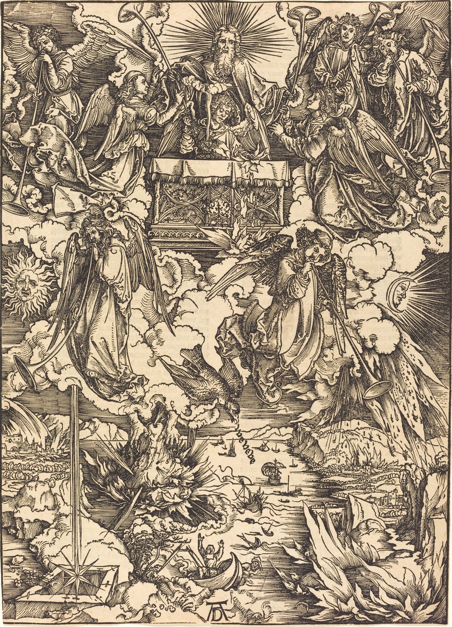 Seitsemän enkeliä trumpettien kanssa tekijältä Albrecht Dürer