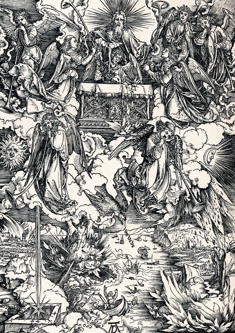 Seitsemän trumpettia annetaan enkeleille, 1498 1906. tekijältä Albrecht Dürer