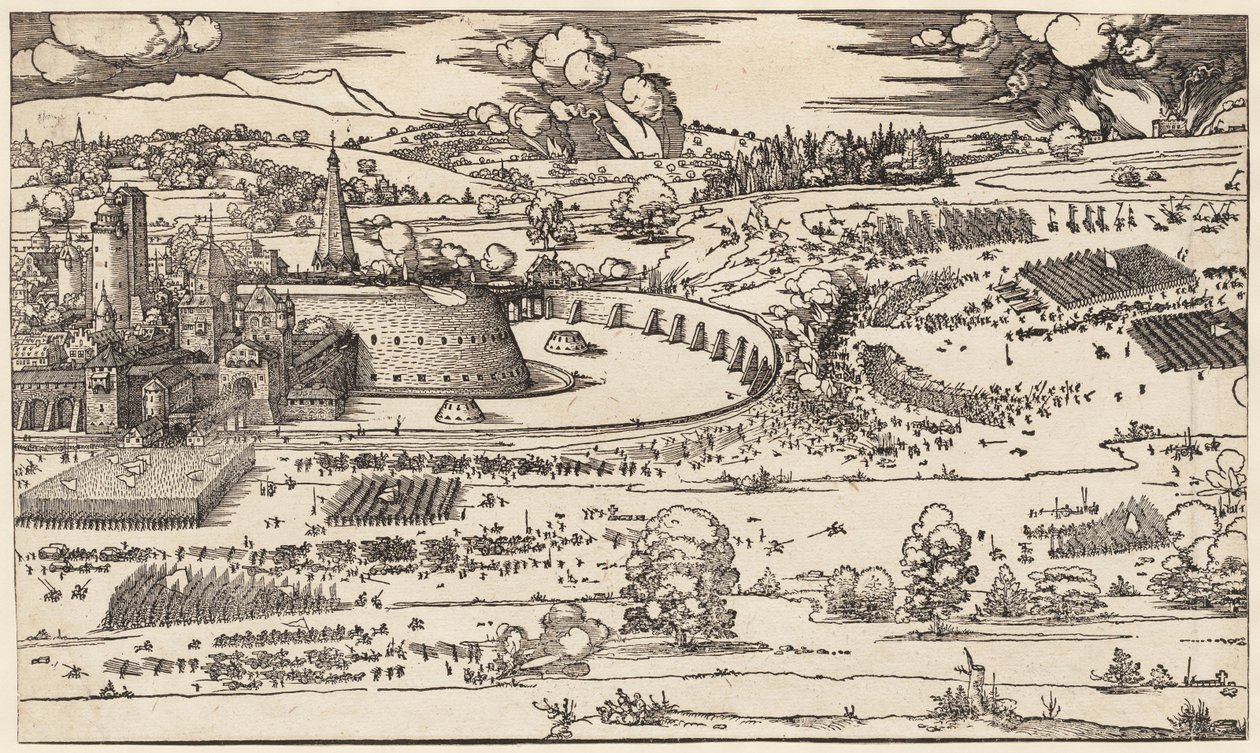 Linnoituksen piiritys (vain vasen puoli, 2 laatasta) tekijältä Albrecht Dürer