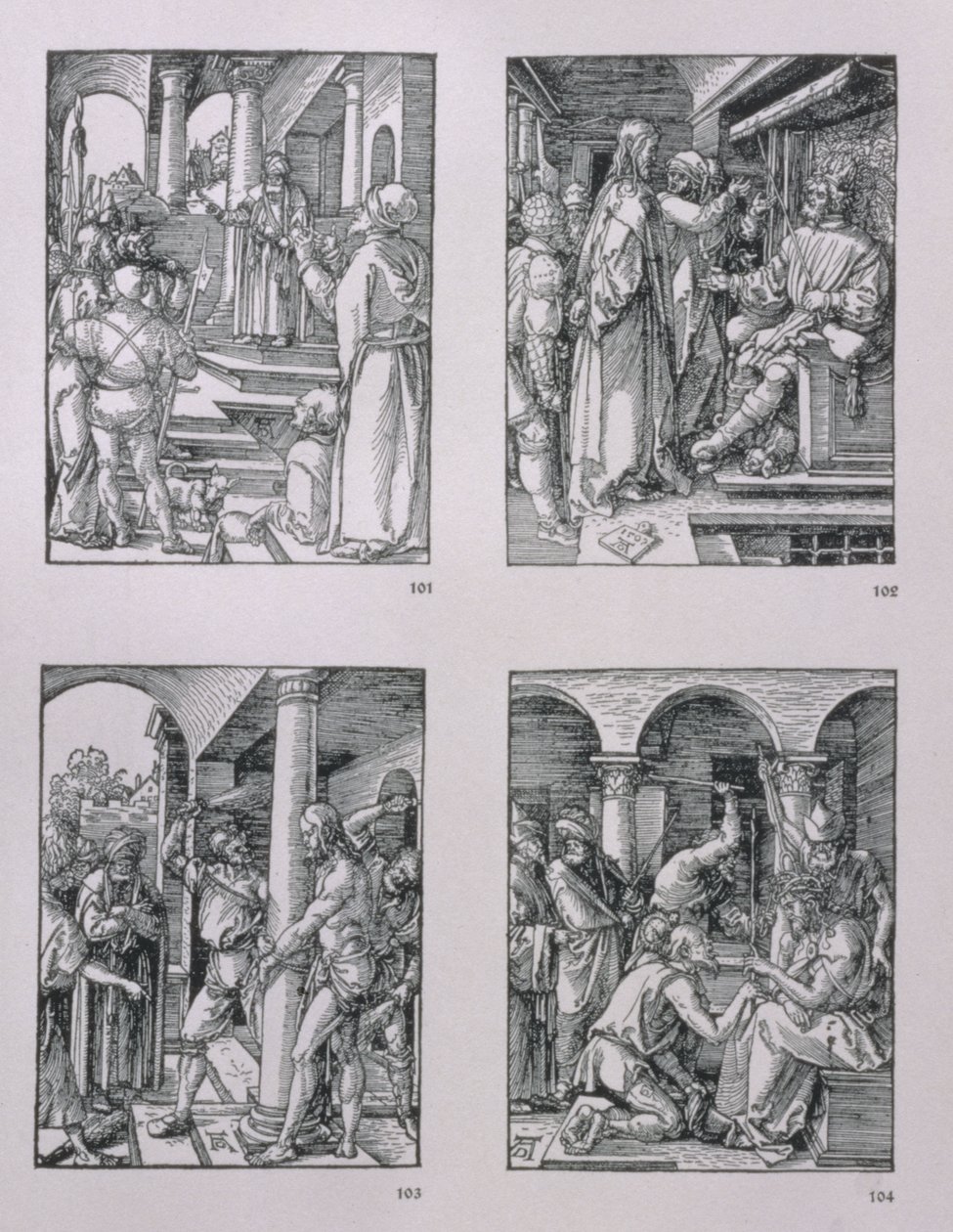 Pieni Passion -sarja (myötäpäivään): Kristus Pilatuksen edessä; Kristus Herodeksen edessä; Liputus; Orjantappuroilla kruunaus, pubi. 1511 tekijältä Albrecht Dürer