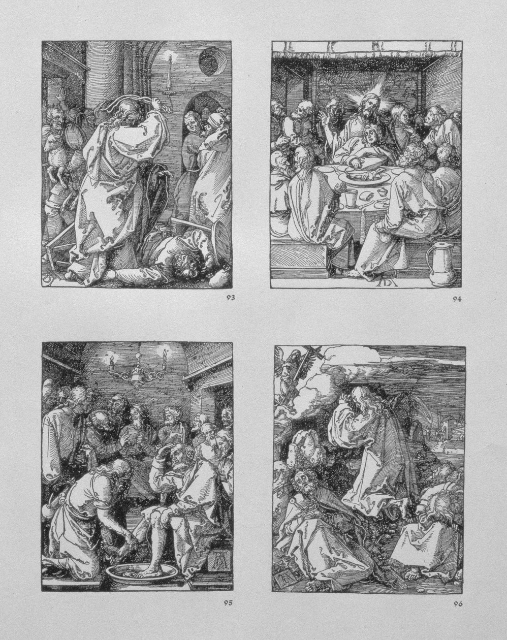 Small Passion -sarja: (Viimeinen ehtoollinen, Kristus pesee Pietarin jalat, Agonia puutarhassa, julkaisu 1511. tekijältä Albrecht Dürer
