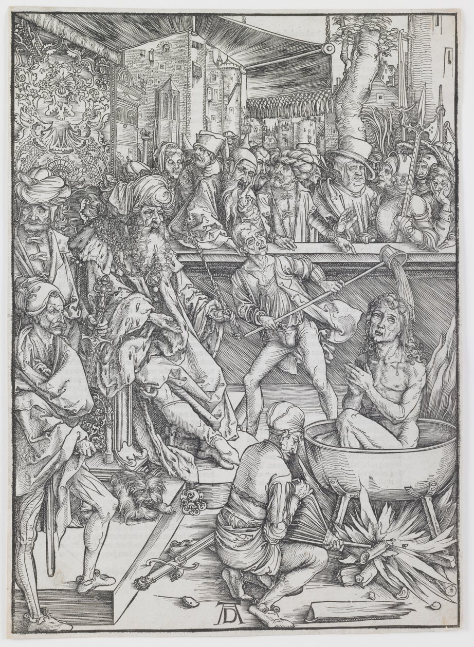 Pyhän evankelista Johanneksen kidutus, sarjasta "Ilmestyskirja" tekijältä Albrecht Dürer