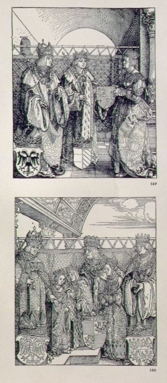 Keisari Maximilian I:n (1459-1519) riemukaari: yksityiskohta, jossa on kaksi paneelia, jotka on sijoitettu vasemman portaalin yläpuolelle ja jotka kuvaavat keisari Maximilianin elämän tapahtumia, pub. 151728 tekijältä Albrecht Dürer