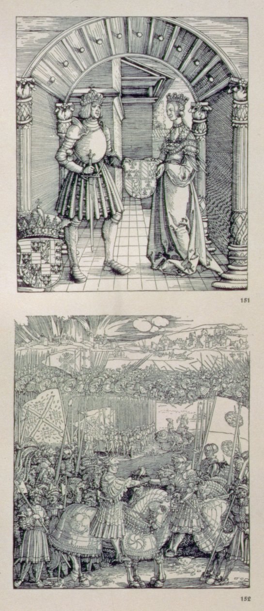Saksan keisari Maximilian I:n (1459-1519) riemukaari: yksityiskohta, jossa on kaksi vasemman portaalin yläpuolelle sijoitettua paneelia, jotka kuvaavat (ylhäällä) Maximilian I:tä ja hänen ensimmäistä vaimoaan Burgundin Mariaa (1457-82) tekijältä Albrecht Dürer