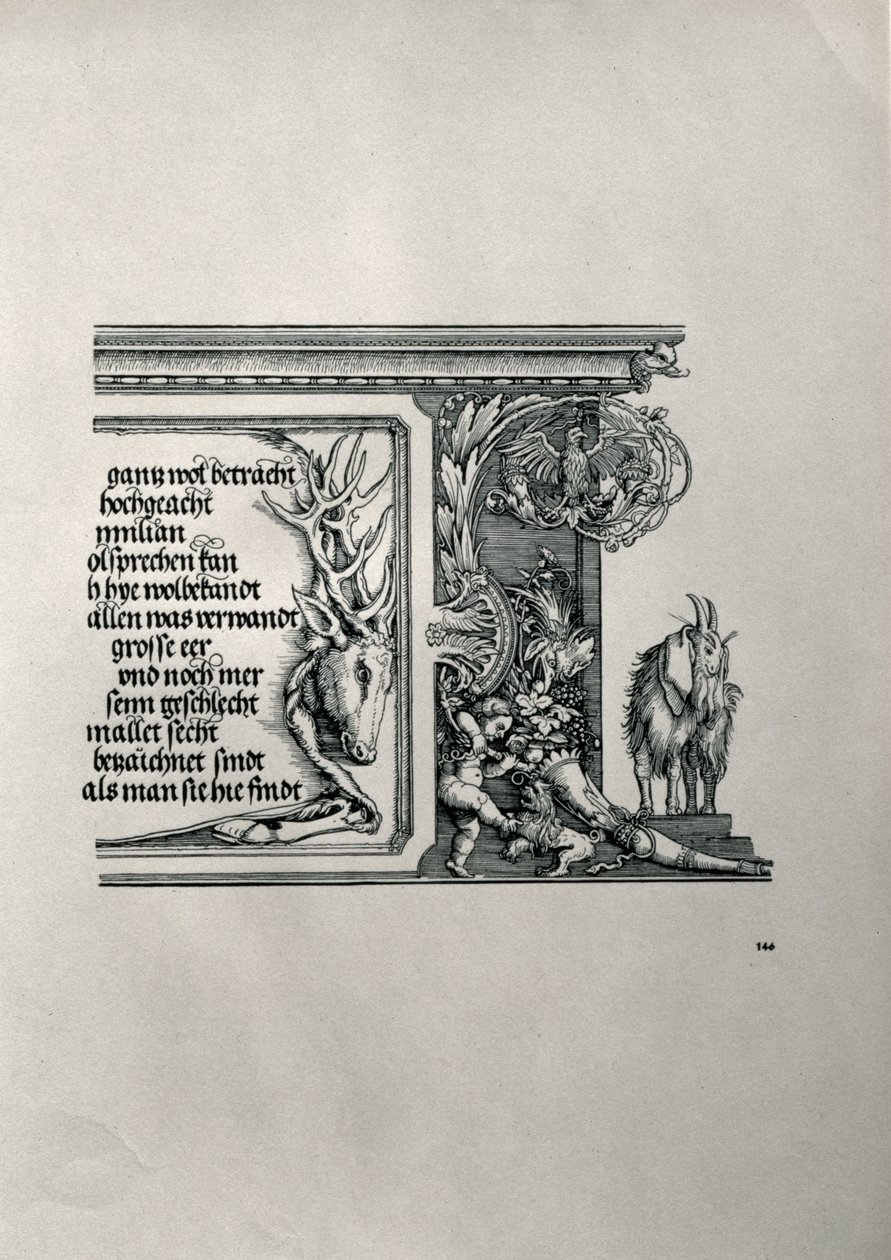 Saksan keisari Maximilianus I:n riemukaari 1459-1519: yksityiskohta hirvennahasta, jossa on keisarin sukulaisuussuhteita ylistävä kaiverrus, sekä luppakorvainen vuohi, joka on terävyyden symboli. tekijältä Albrecht Dürer