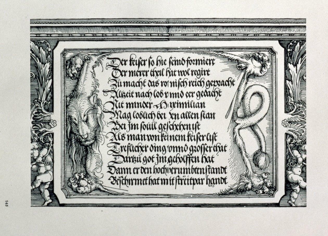 Saksan keisari Maximilian I:n riemukaari 1459-1519: yksityiskohta koristeesta, jossa on leijonannahka, jossa on keisarin sukulaisuussuhteita ylistävä kaiverrus, pub. 151718 puupiirros tekijältä Albrecht Dürer