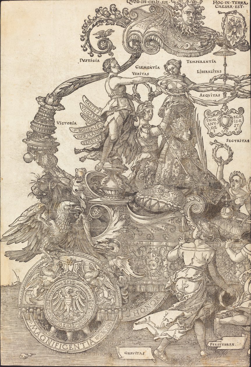 Maximilian I:n voittovaunut Suuri voittoauto [kilpi 1/8], 1523 latinalainen painos. tekijältä Albrecht Dürer