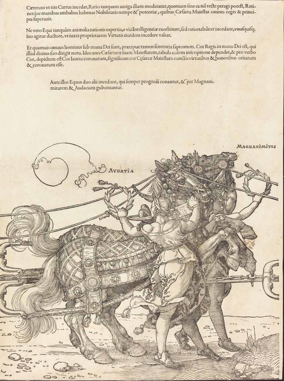 Maximilian I:n voittovaunut Suuri voittoauto [kilpi 7/8], 1523 latinalainen painos. tekijältä Albrecht Dürer