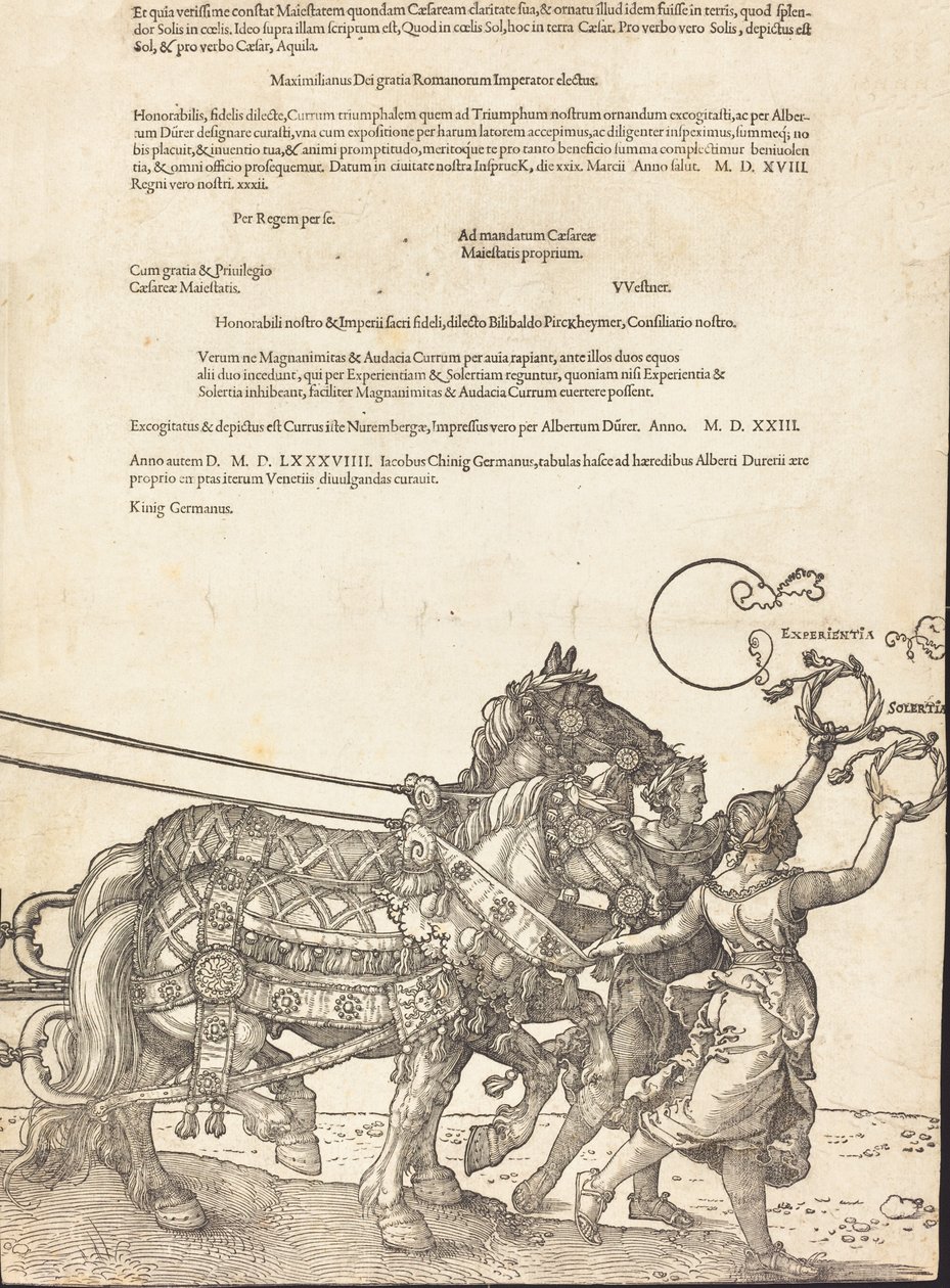 Maximilian I:n voittovaunut Suuri voittoauto [kilpi 8/8], 1523 latinalainen painos. tekijältä Albrecht Dürer