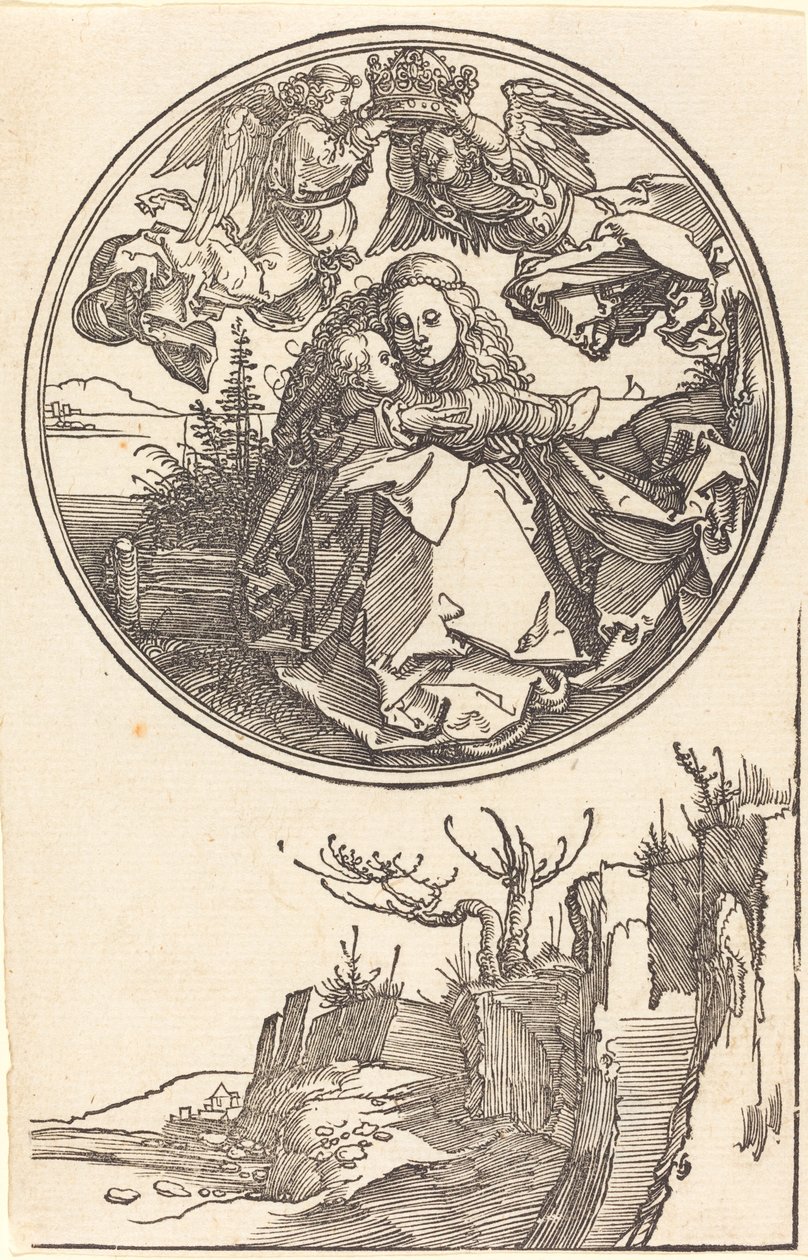 Kahden enkelin kruunaama Neitsyt maiseman yläpuolella, vuonna 1515 tai sitä ennen. tekijältä Albrecht Dürer