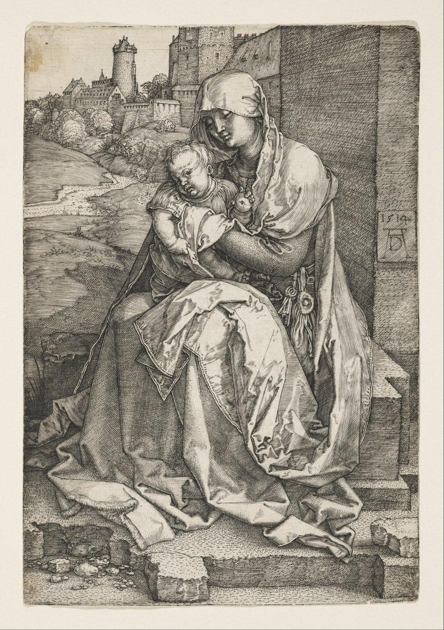 Neitsyt istuu seinän vieressä tekijältä Albrecht Dürer