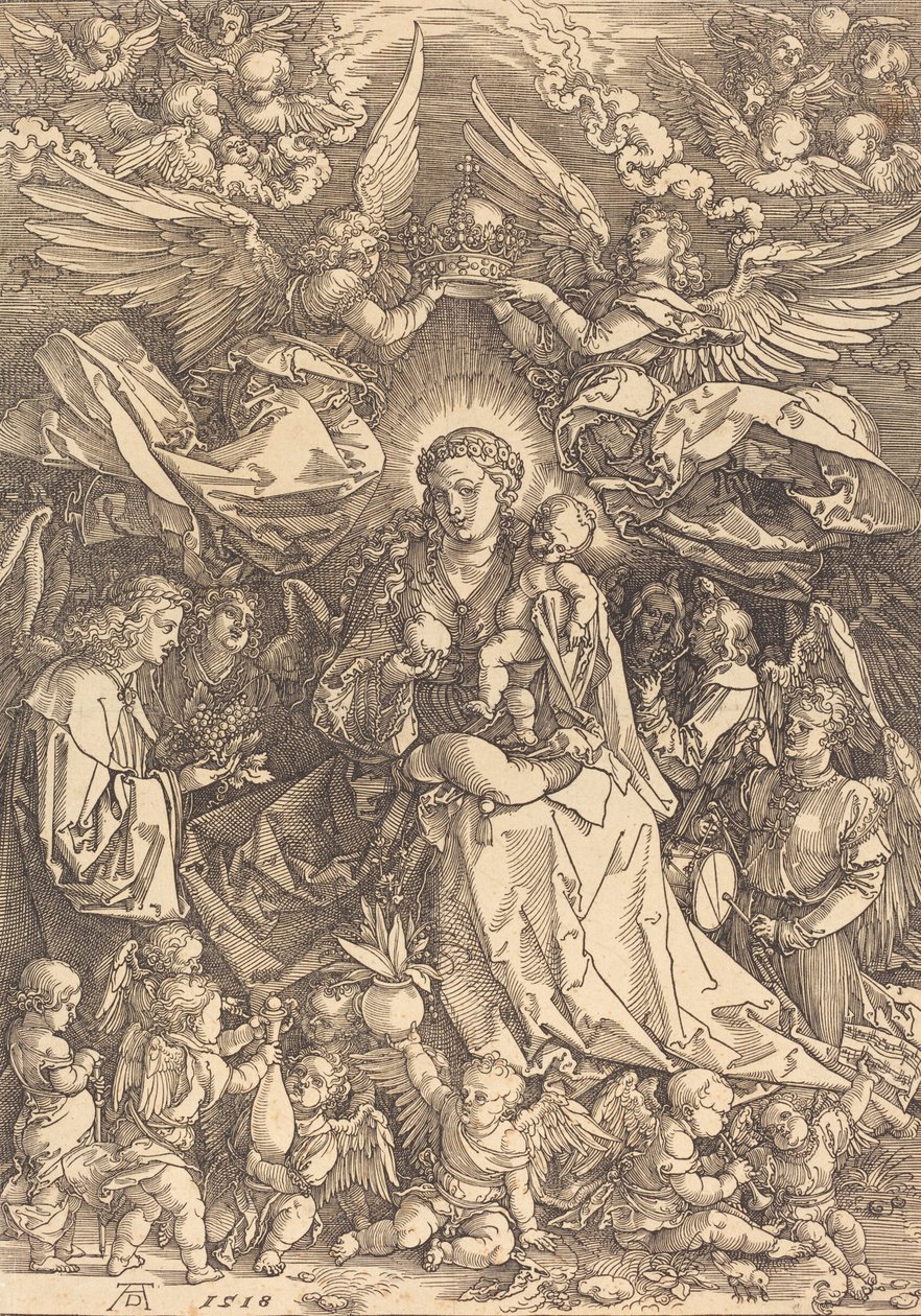 Neitsyt monien enkelien ympäröimänä, 1518. tekijältä Albrecht Dürer