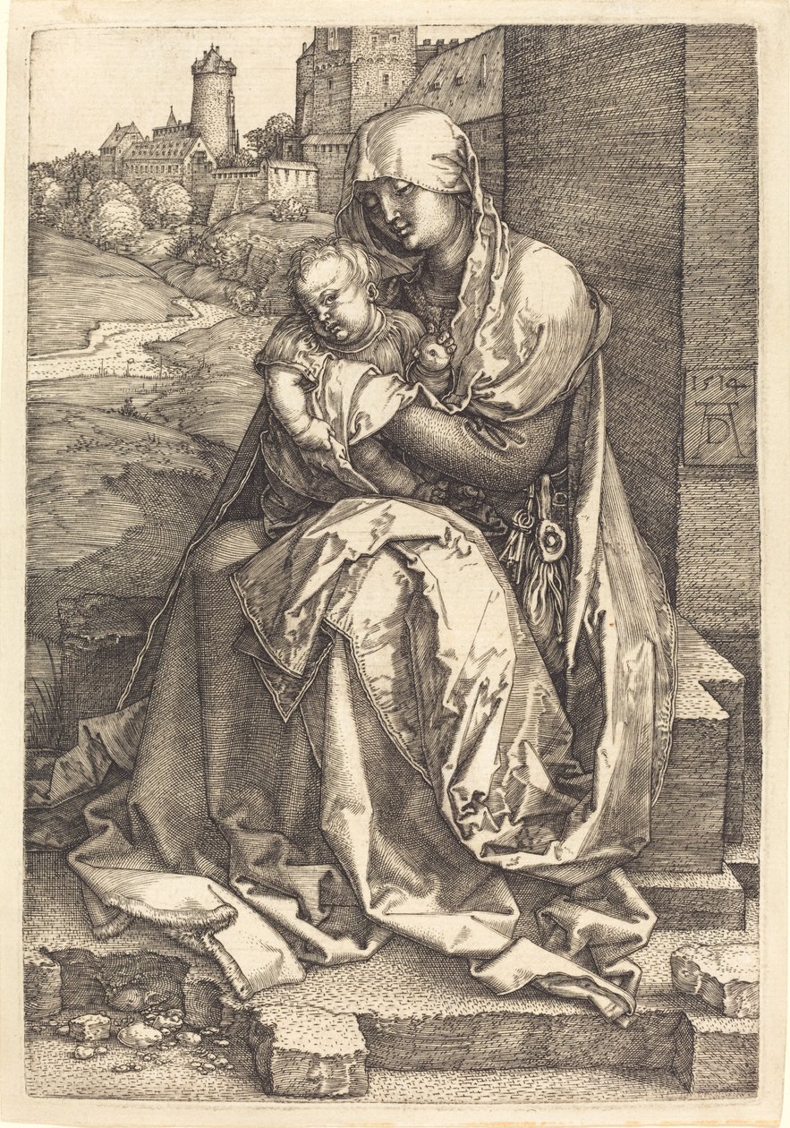 Neitsyt ja lapsi istuvat seinällä tekijältä Albrecht Dürer