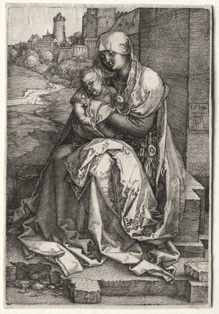 Neitsyt ja lapsi istuvat seinällä tekijältä Albrecht Dürer