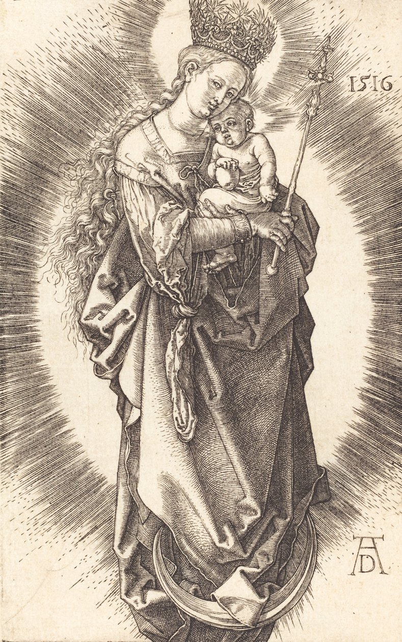 Neitsyt ja lapsi puolikuun päällä, valtikka ja tähtikruunu, 1516. tekijältä Albrecht Dürer