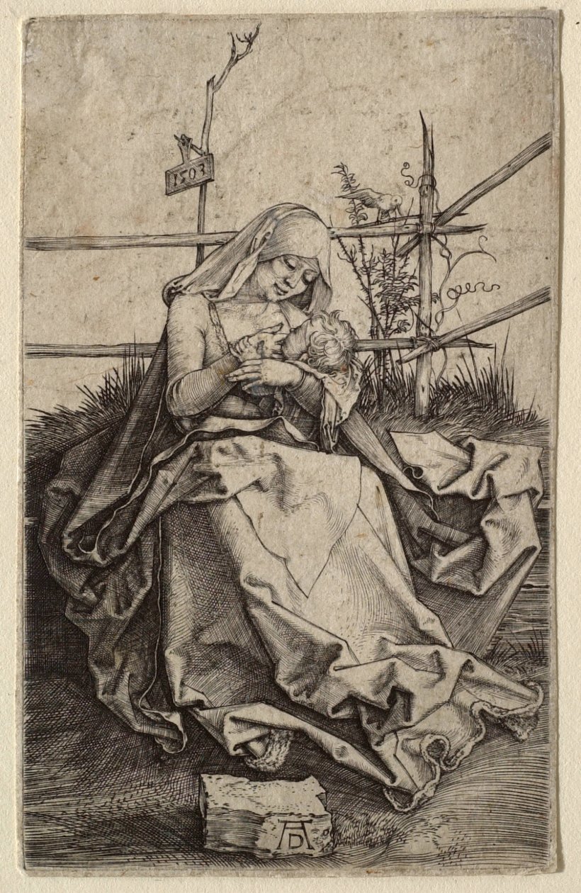 Neitsyt Maria ja lapsi ruohopenkereellä tekijältä Albrecht Dürer