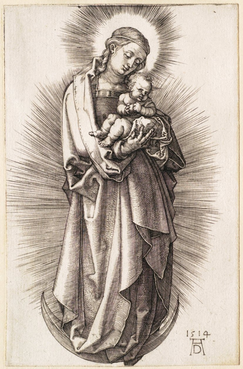 Neitsyt ja lapsi kuunsirpillä, otsallaan diadeemi tekijältä Albrecht Dürer