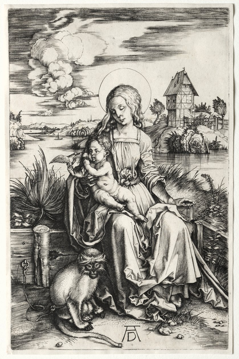 Neitsyt ja lapsi apinan kanssa, n. 1498. tekijältä Albrecht Dürer